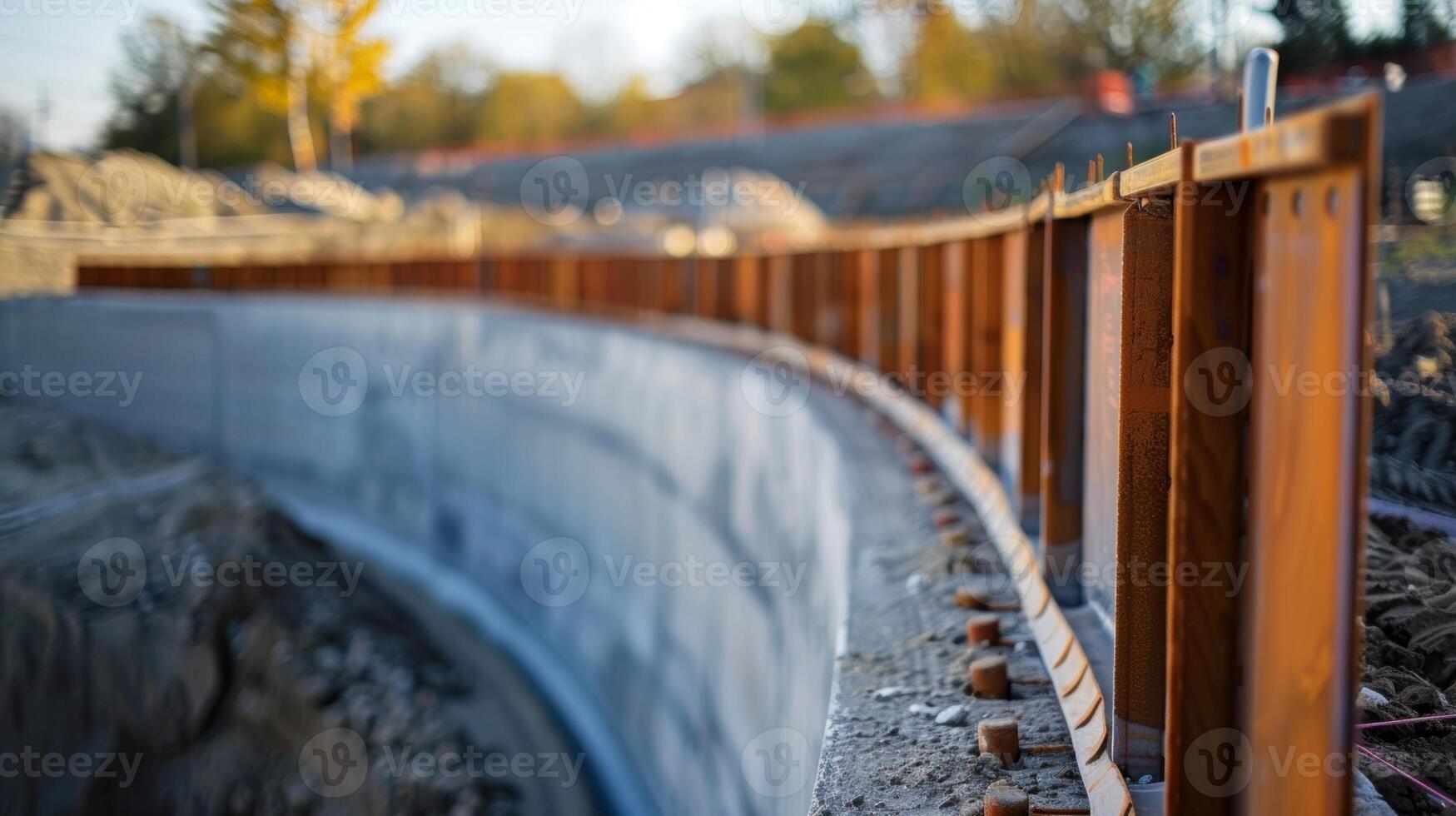 Innovative hydraulic formwork being utilized to construct a curved retaining wall achieving a unique and eyecatching design while maintaining stability photo