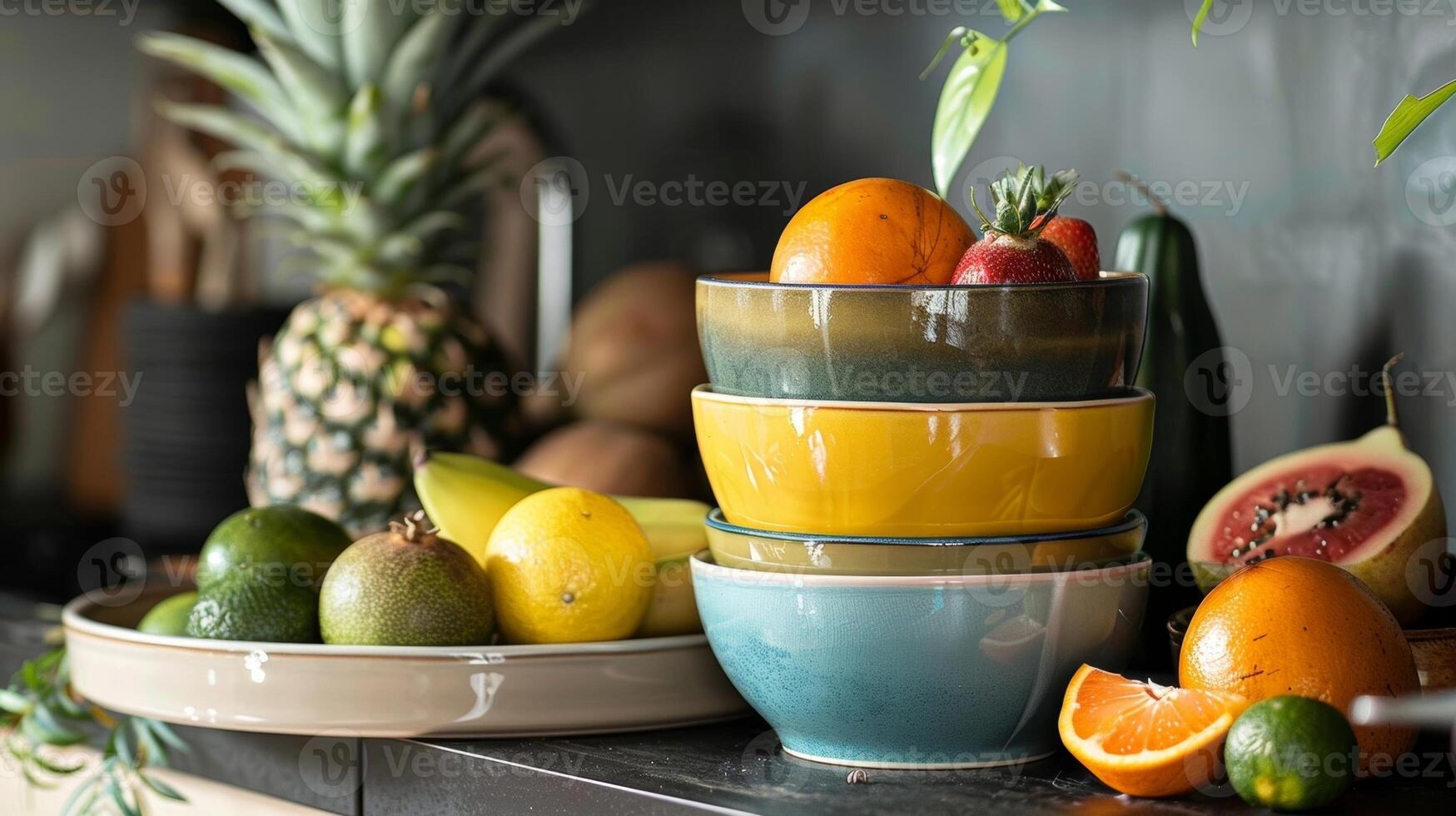 A stack of ceramic fruit bowls showcasing a variety of shapes and colors ideal for mixing and matching. photo