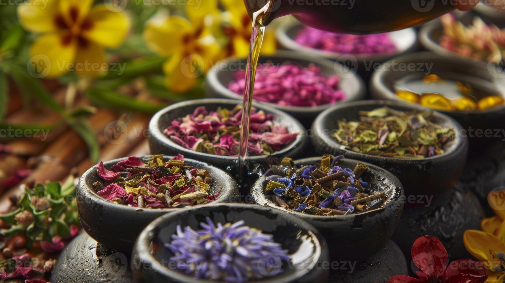 An assortment of colorful es herbs and oils next to someone pouring water on hot stones in a sauna showcasing the beneficial combination of aromatherapy with sauna therapy. photo