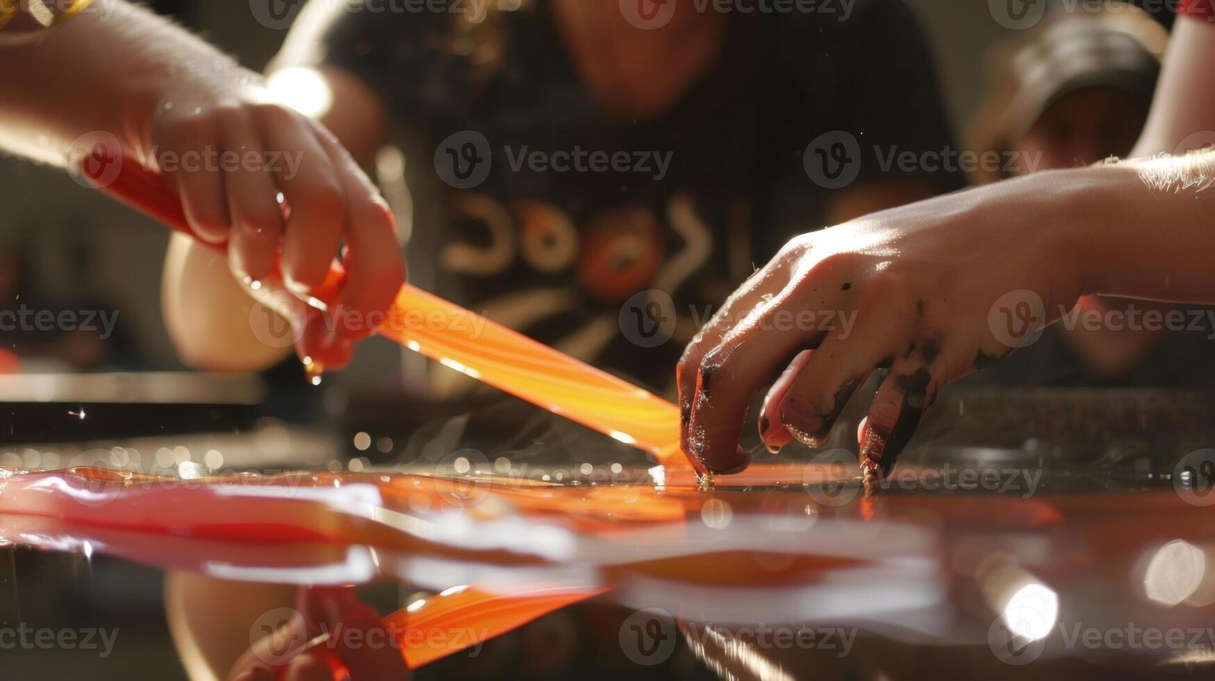 Soft shadows play across the students faces as they carefully manipulate molten glass. 2d flat cartoon photo