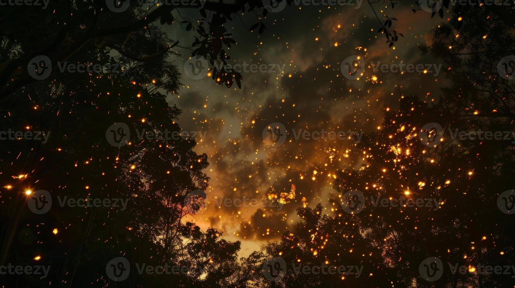 Embers from the fire float up into the dark sky creating a magical and enchanting ambiance. 2d flat cartoon photo