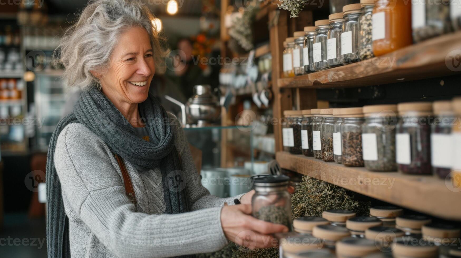 un mayor mujer cuidadosamente selecciona suelto hoja té desde un cero desperdicio tienda utilizando su propio reutilizable té infusor a disfrutar un libre de desperdicios taza de té a hogar foto