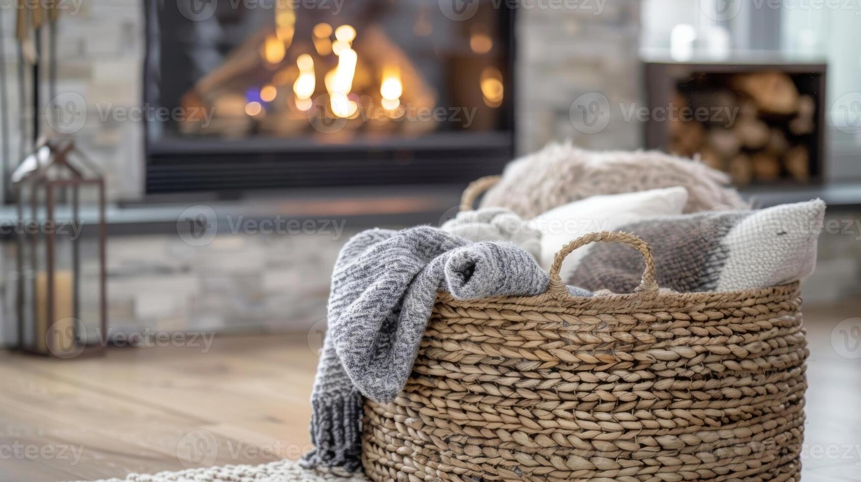 A woven basket filled with cozy blankets and pillows sits beside the fireplace inviting guests to snuggle up and relax. 2d flat cartoon photo