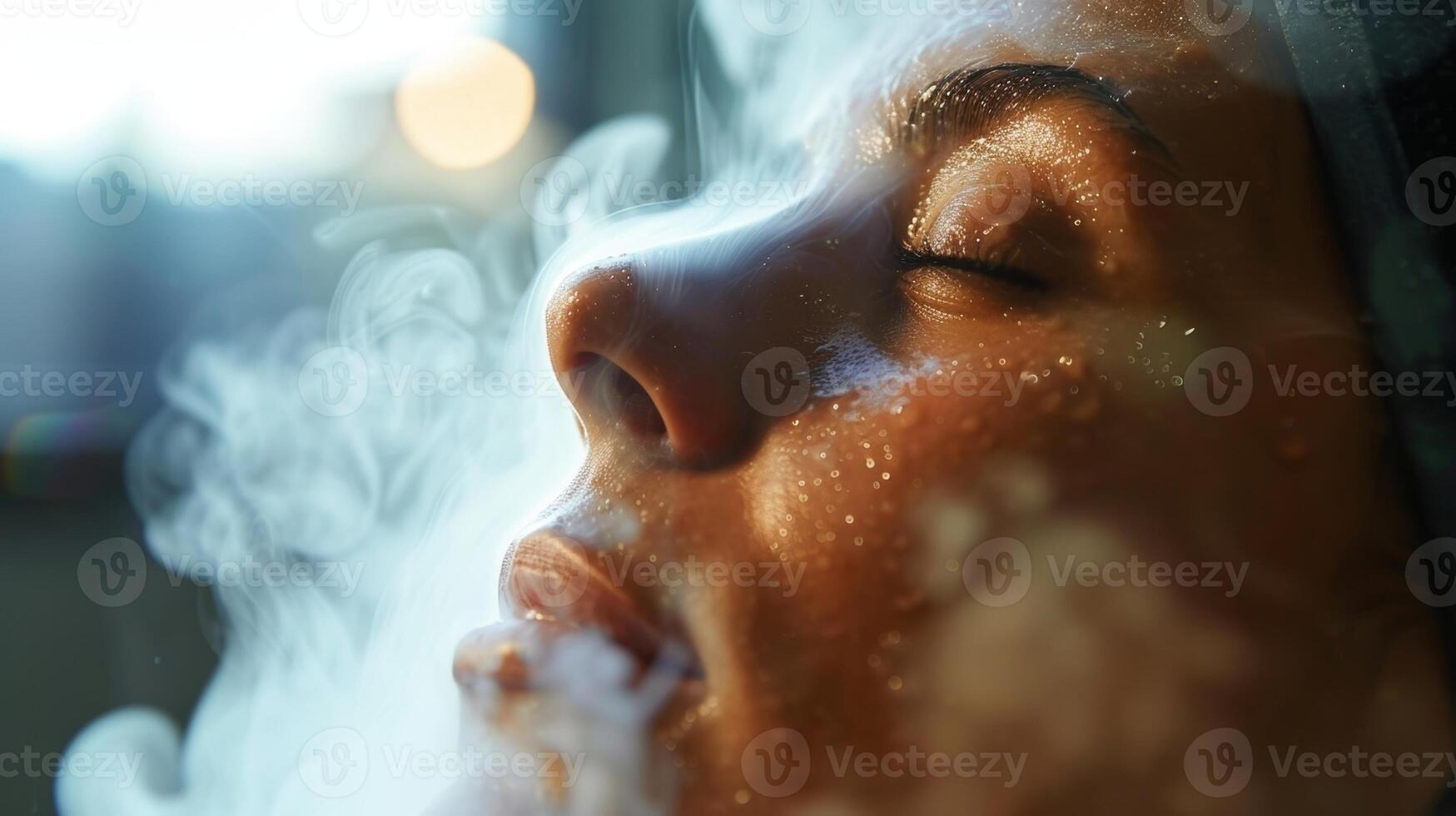 A person receiving an infrared sauna session with steam and heat helping to unclog pores and detoxify the skin. photo