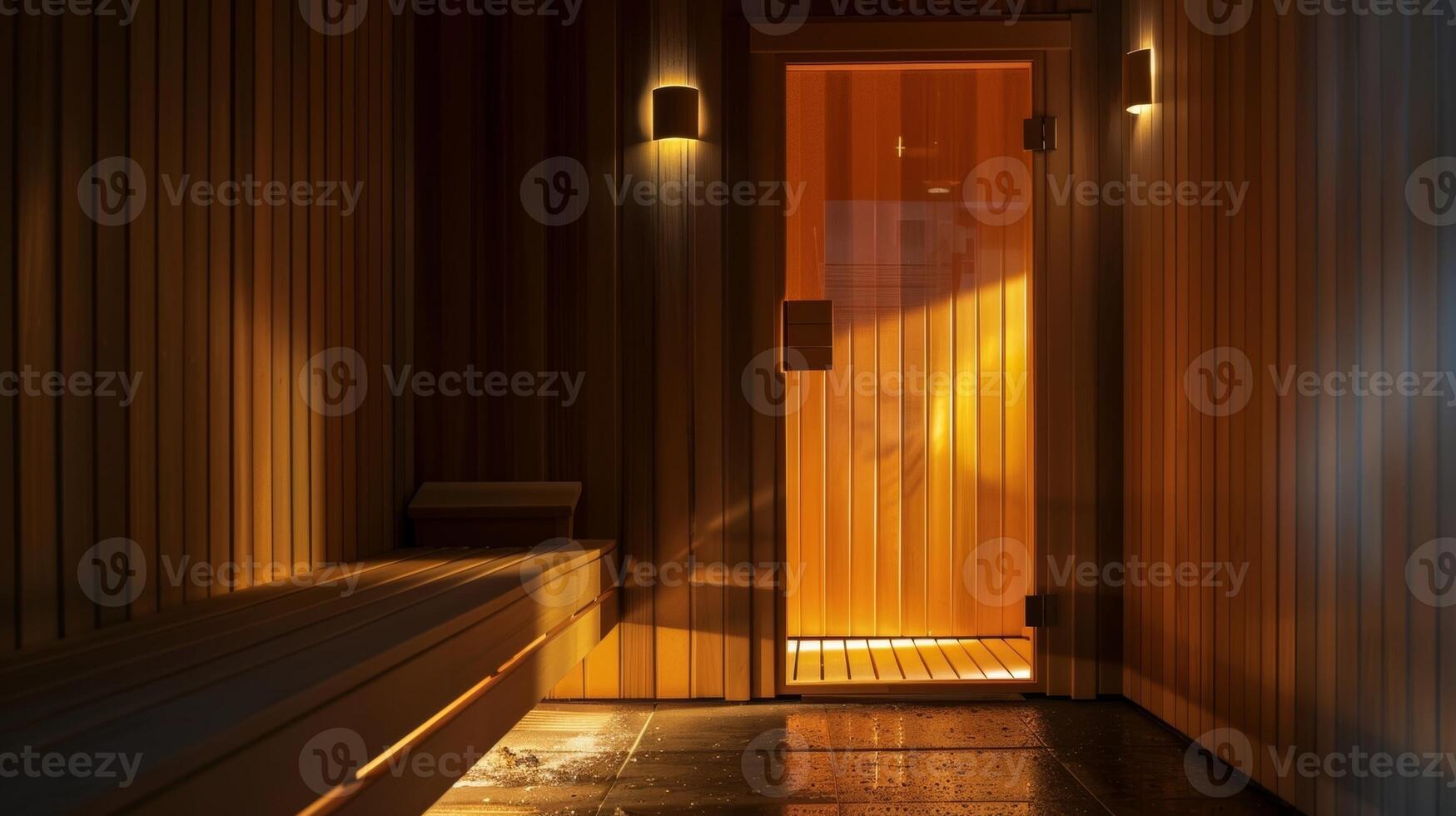 The saunas door is propped open inviting warm air and soft light into the darkened room offering a sense of comfort and calm. photo