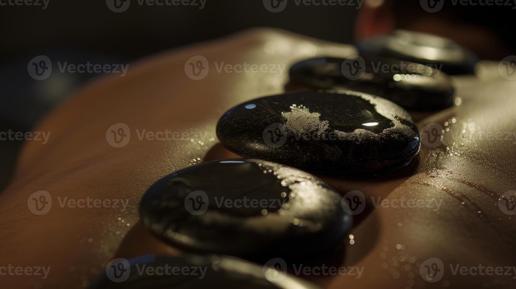 A closeup of a patients back showing the placement of hot stones used in sauna therapy to improve circulation and soothe muscle tension. photo