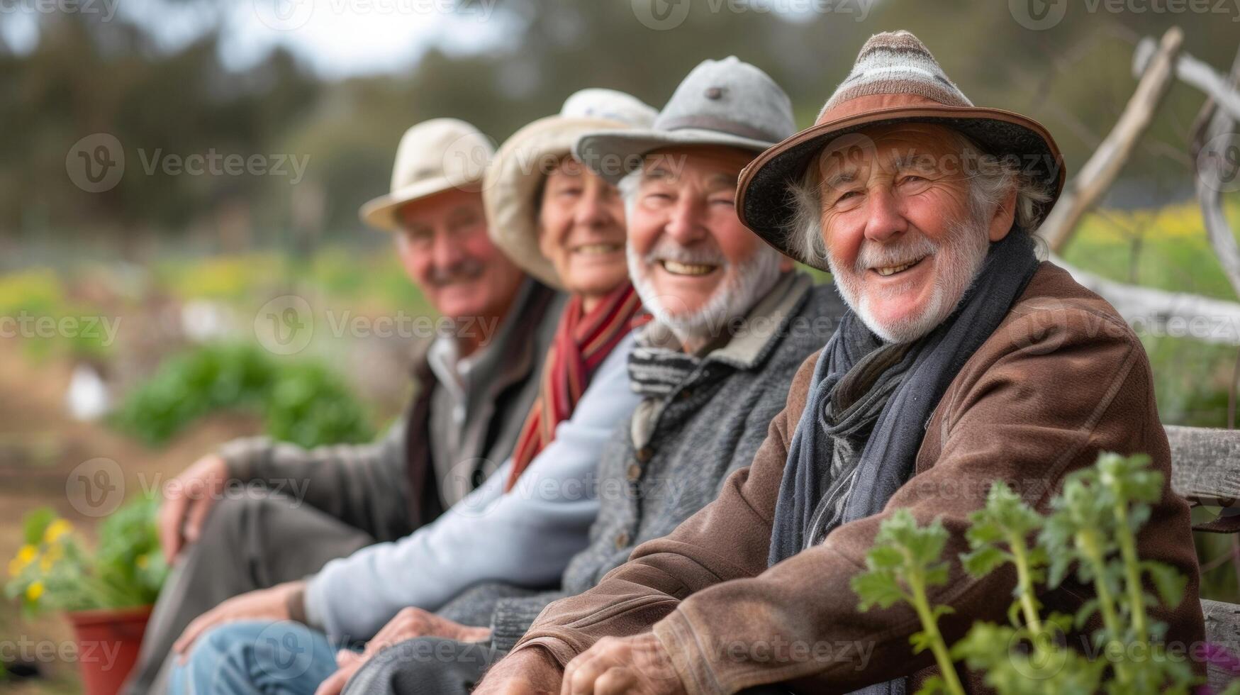 A group of retirees sit together on a bench in the community garden enjoying the peaceful atmosphere as they take a break from tending to their plots photo