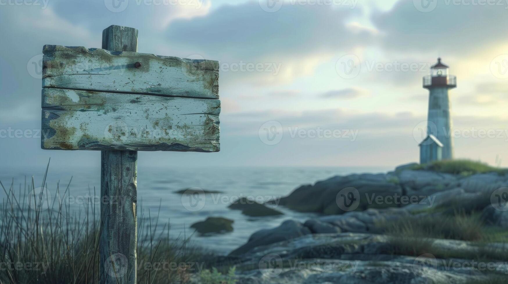 Blank mockup of a weathered harbor master sign with a lighthouse illustration photo