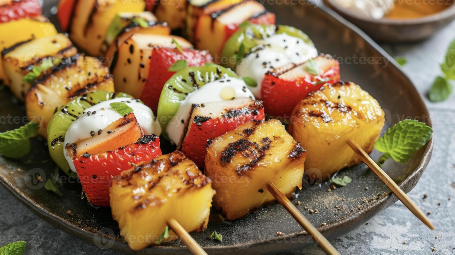 Skewers of colorful fruit grilled to perfection and served with a drizzle of honey and a dollop of creamy yogurt. The warmth of the grill brings out the natural sweetnes photo