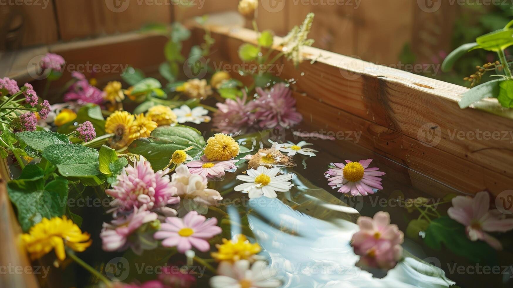 A sauna bath infused with healing herbs and flowers believed to have theutic benefits and used in alternative medicine practices for relaxation and detoxification. photo