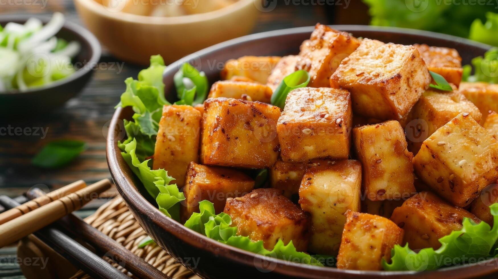 Golden cubes of fried tofu are carefully p on top adding a vegetarian protein source photo