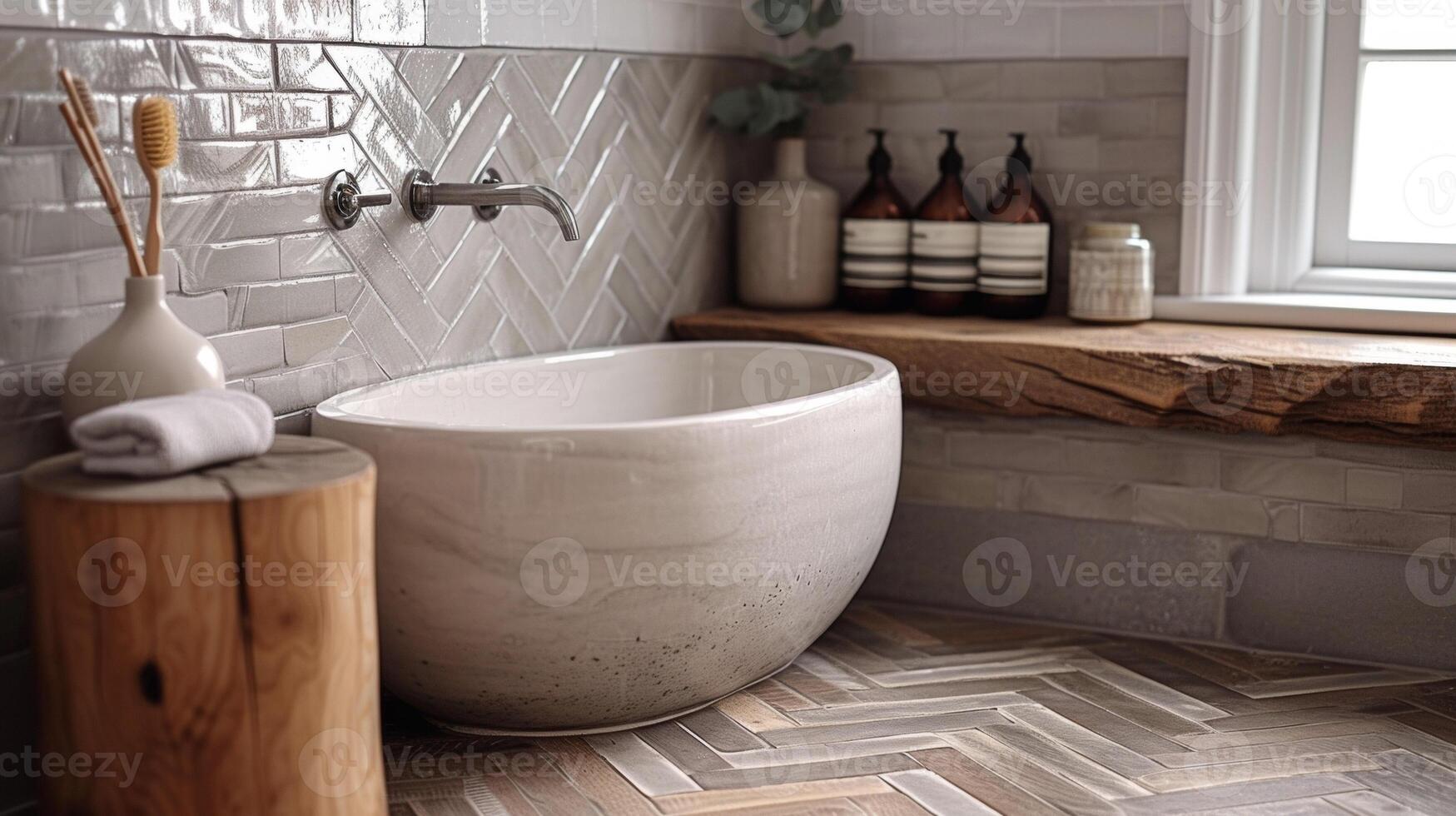 A closeup of a chevron tile pattern in shades of grey adding a subtle yet stylish touch to this bathroom floor photo
