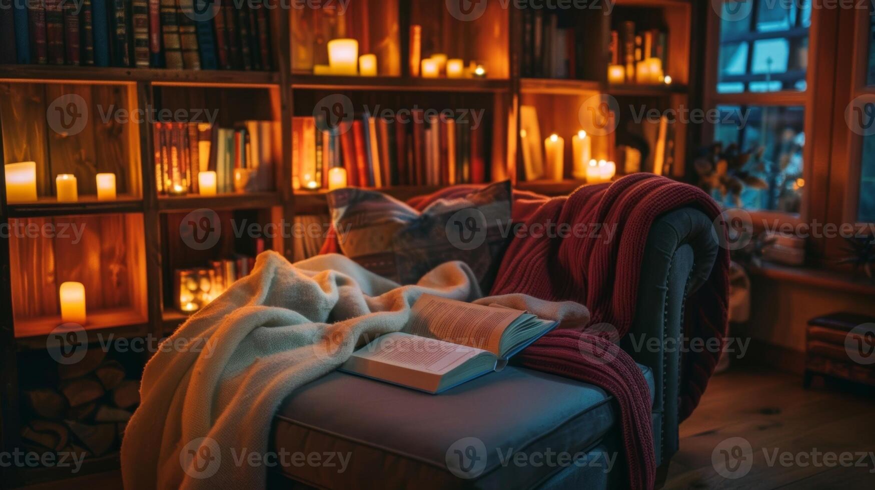 A cozy book nook with an LED candle array casting a soft glow over the reading chair. 2d flat cartoon photo