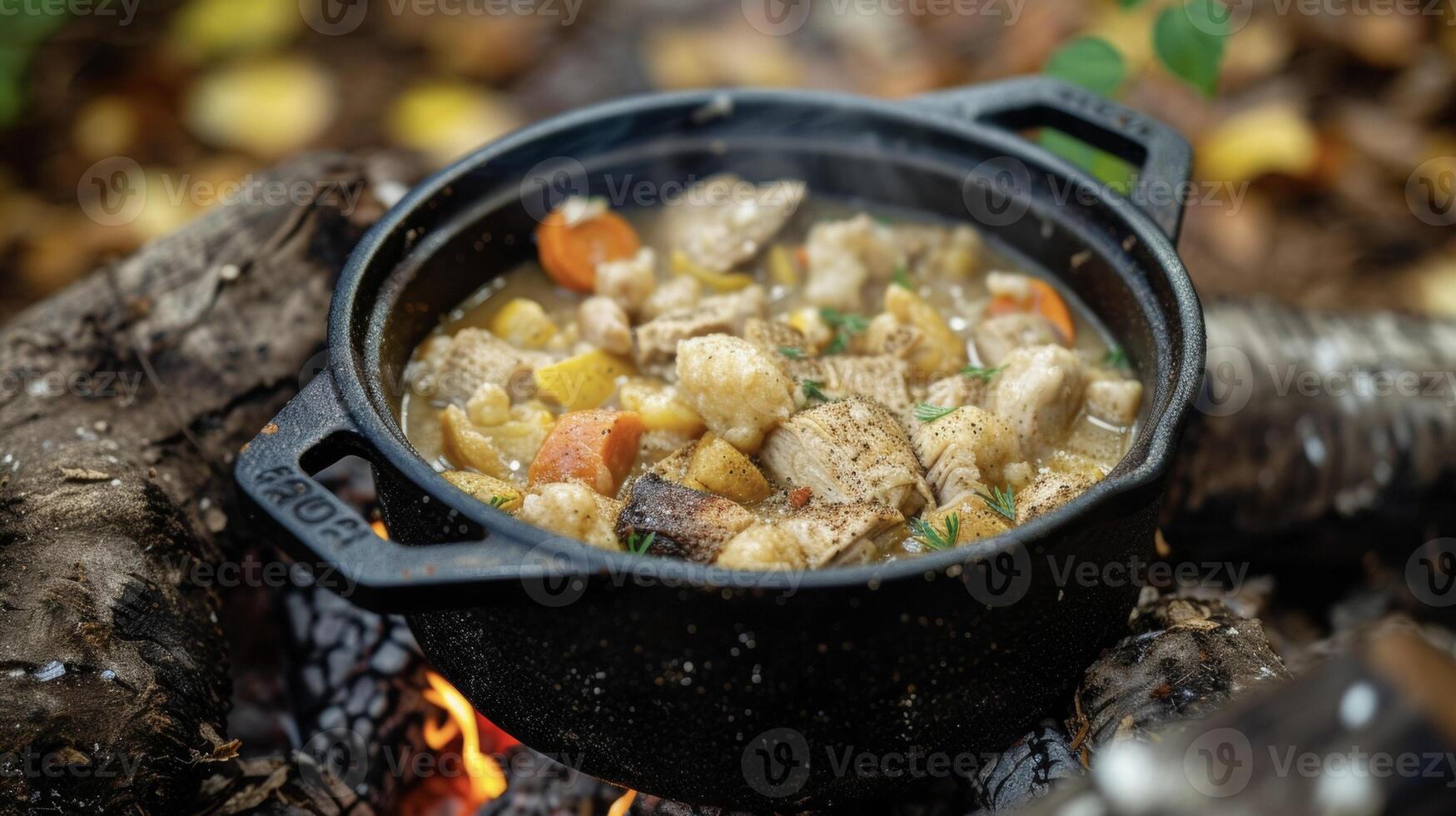 Amidst the sounds of rustling leaves and chirping birds the comforting smell of homemade chicken and dumplings wafts from the cast iron pot cooking over the open fire. Simpl photo
