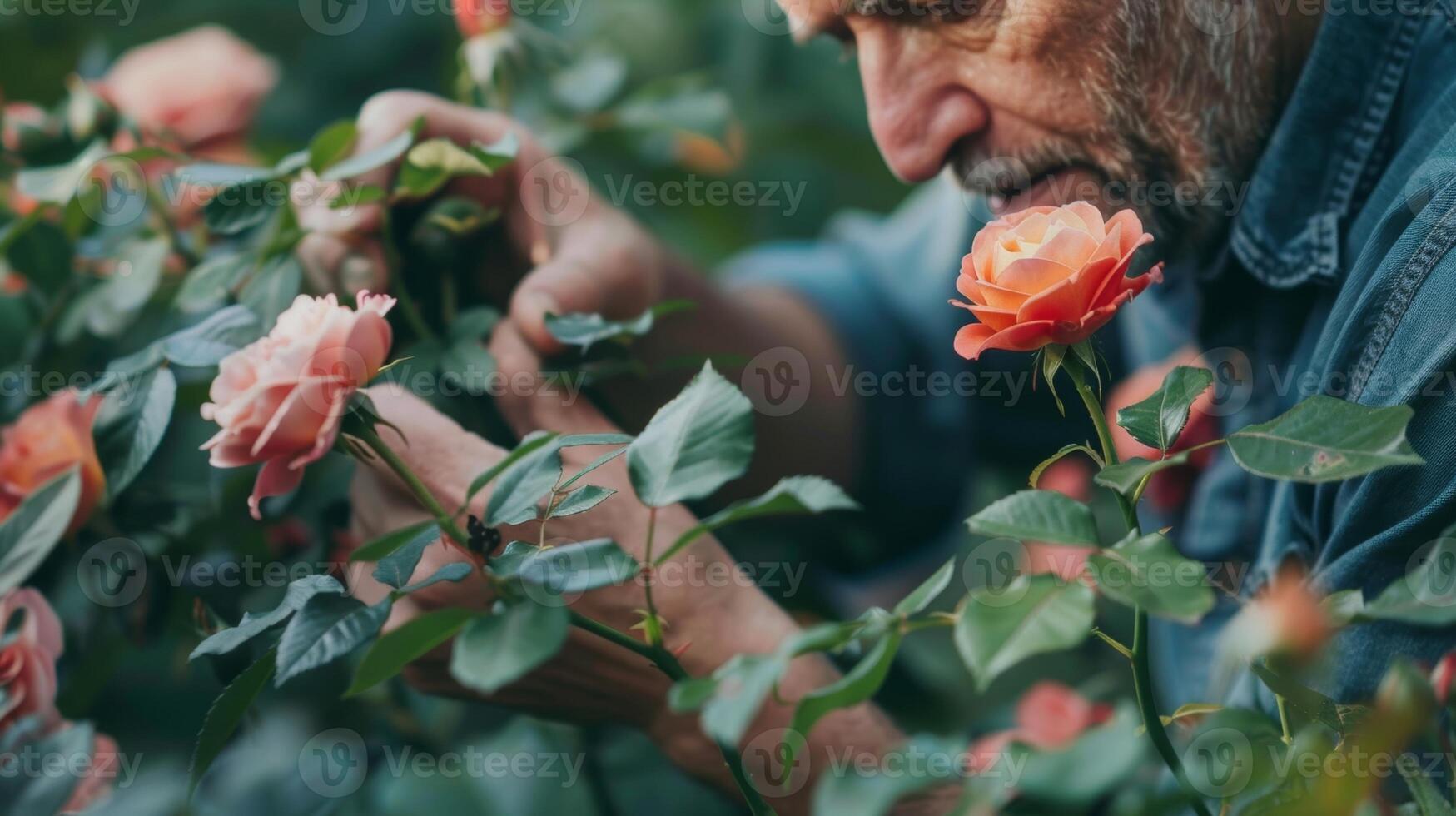 dedos suavemente corriendo a lo largo el aterciopelado hojas de un Rosa arbusto un hombre perdido en pensamiento como él toma en el floral aromas alrededor él foto