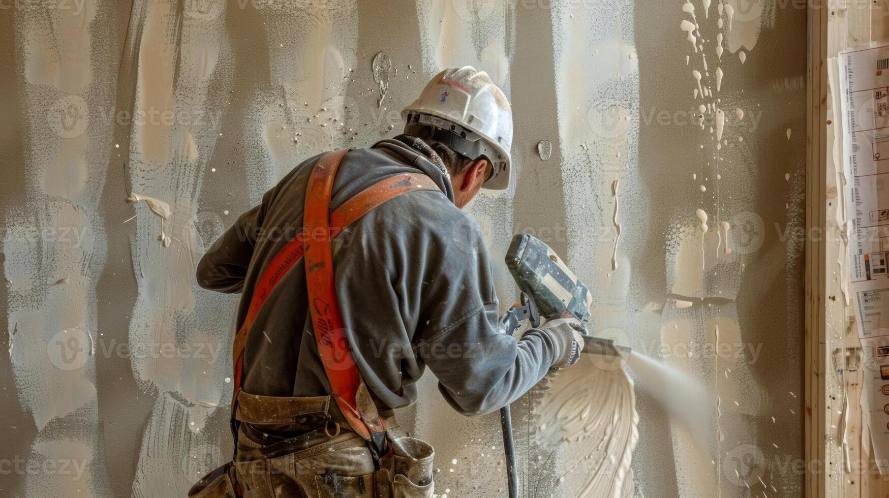 A worker uses a drywall sander to smooth out imperfections in preparation for painting the interior walls photo