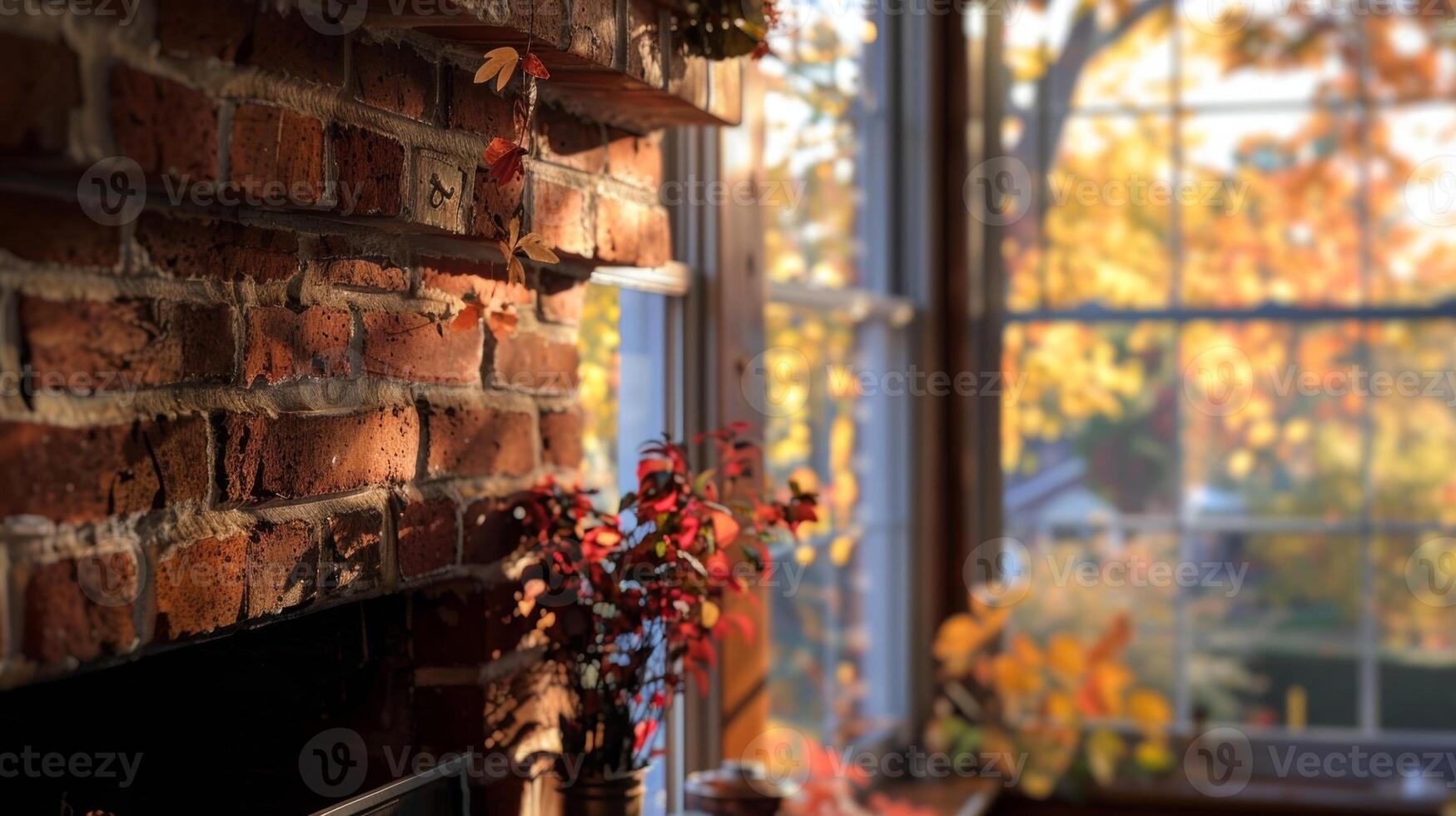 The traditional brick fireplace radiates warmth as you take in the changing colors of the autumn leaves through the nearby windows. 2d flat cartoon photo