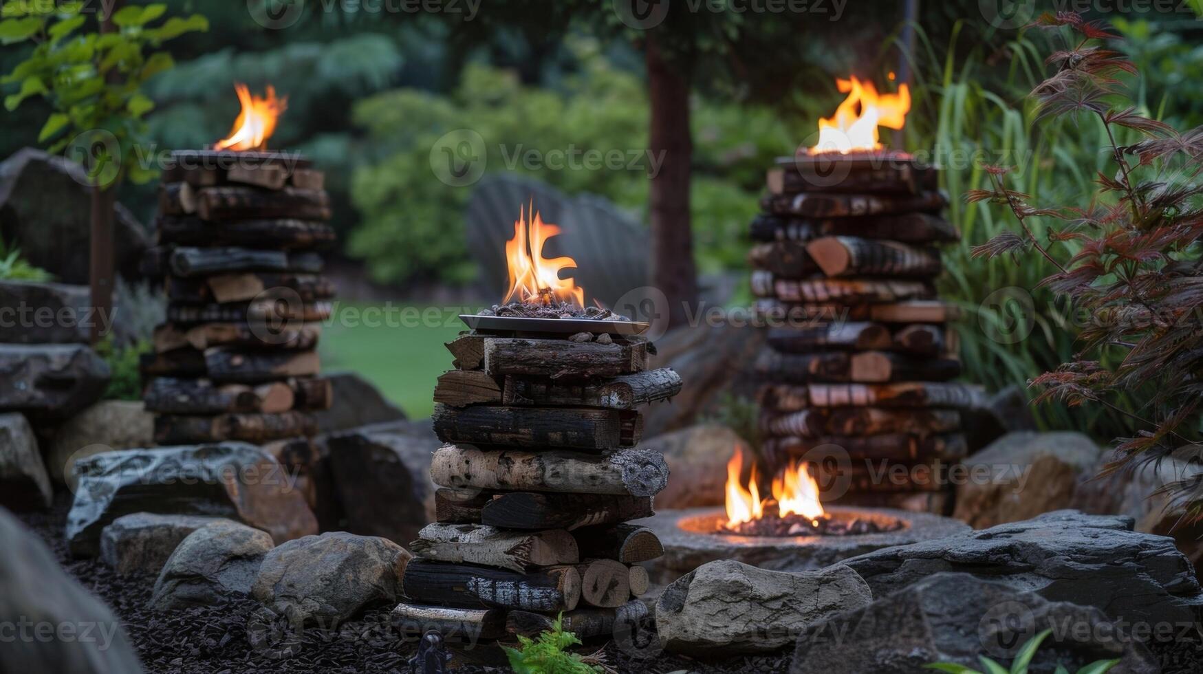 el fuego pozo sí mismo es un trabajo de Arte con intrincadamente apilado registros y estratégicamente pags piedras creando un pintoresco fondo para el actuación. 2d plano dibujos animados foto