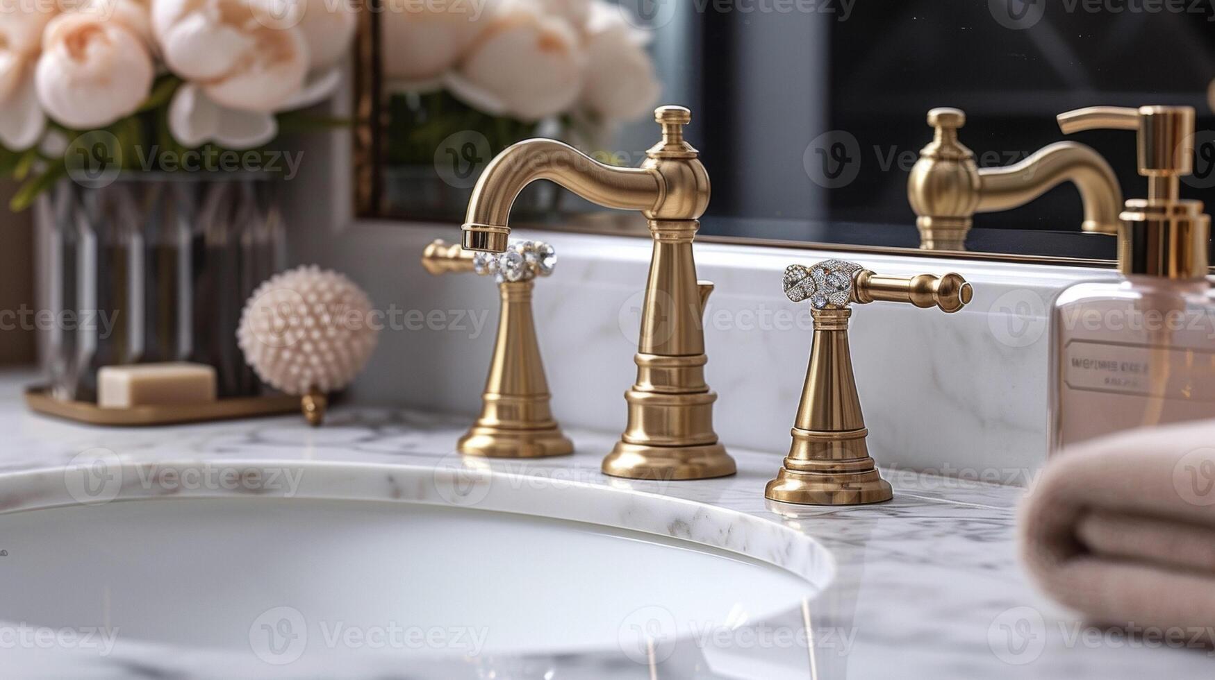 un cepillado oro grifo con un girar canalón y cristal acentos presta un toque de glamour a un profundo mármol lavabo en un elegante Maestro baño exudando lujo y sofisticación foto