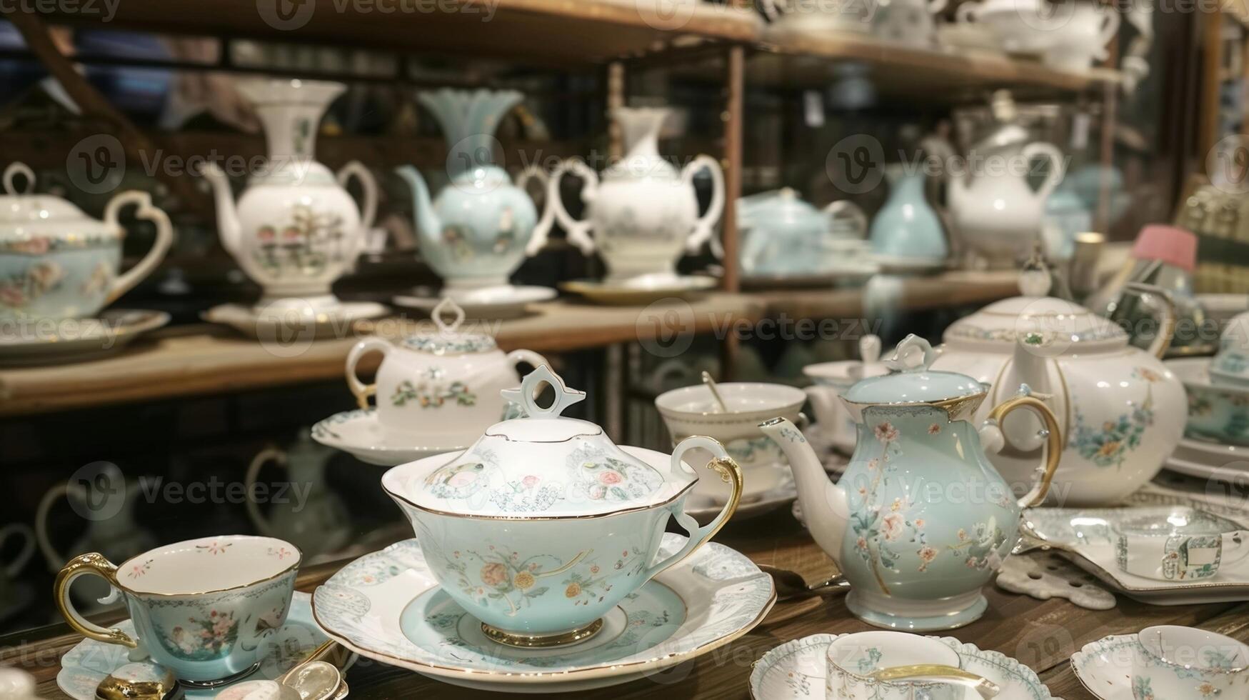 A display of beautifully handcrafted tea sets and tea accessories adding to the charm of the tea party photo