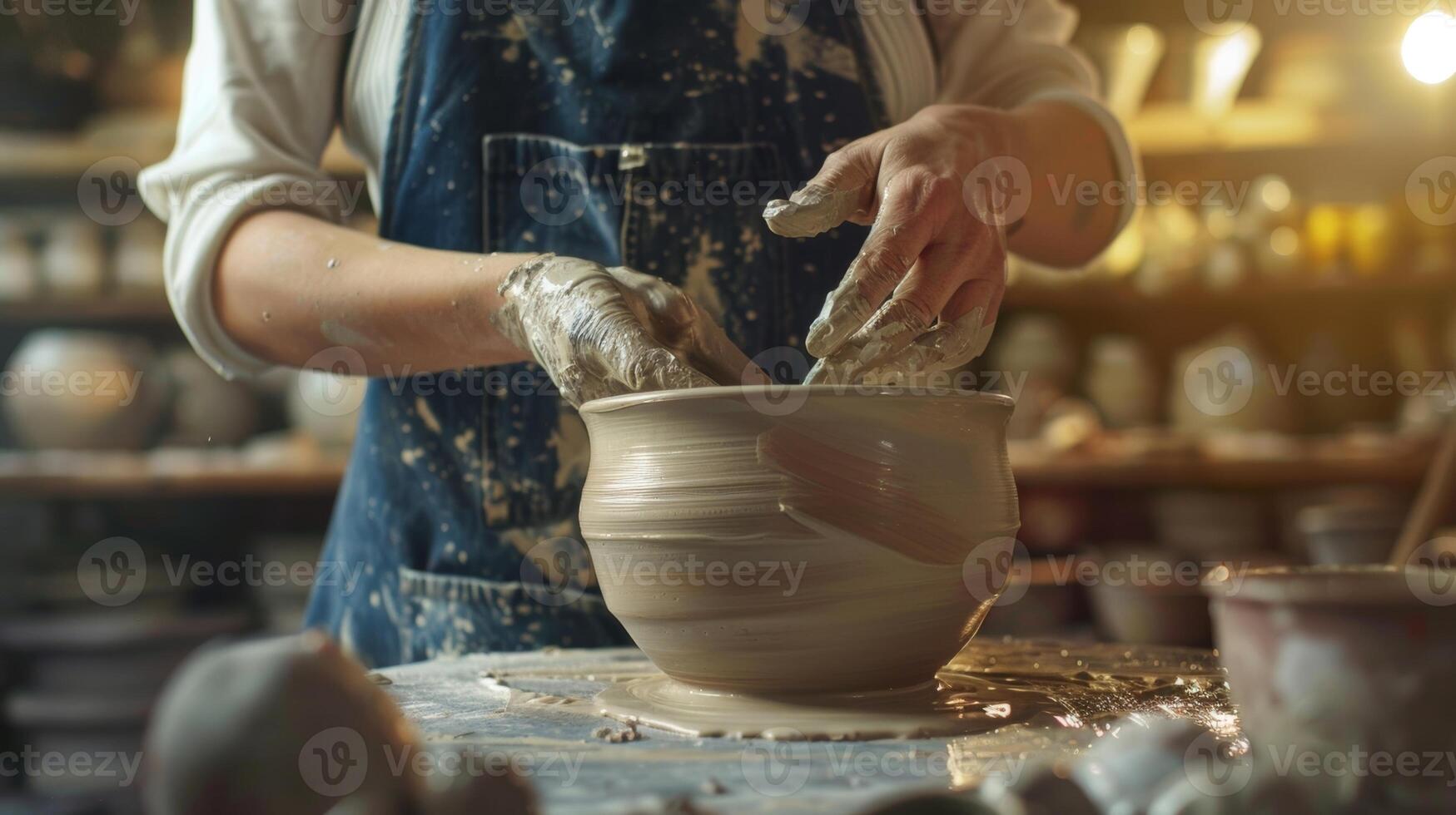 An expert potter effortlessly smoothes out any imperfections in a clay pot before applying a thin layer of glossy glaze for a professional finish. photo