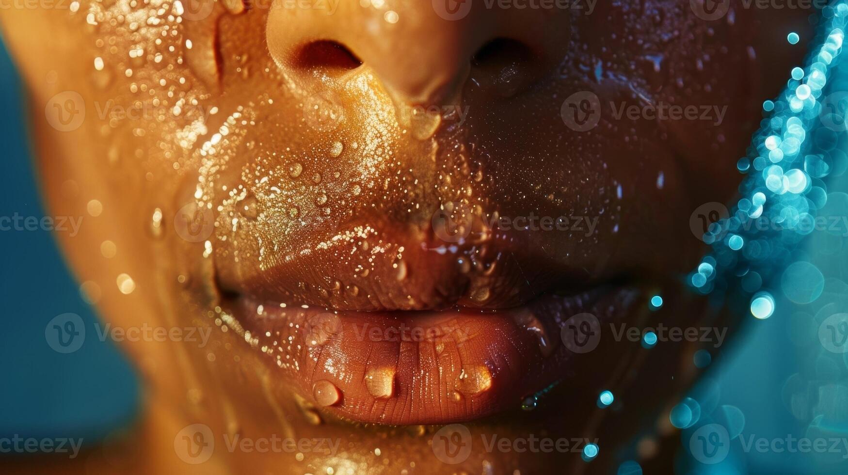 A closeup of a celebritys flushed face after a intense sauna session with beads of sweat glistening on their skin. photo