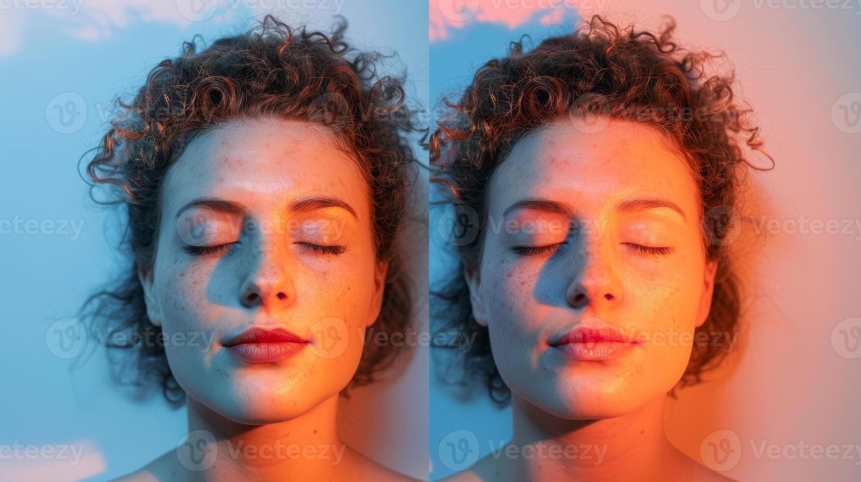 A before and after comparison of a person suffering from a migraine with obvious signs of discomfort and then after using the infrared sauna with a relaxed and content expression. photo