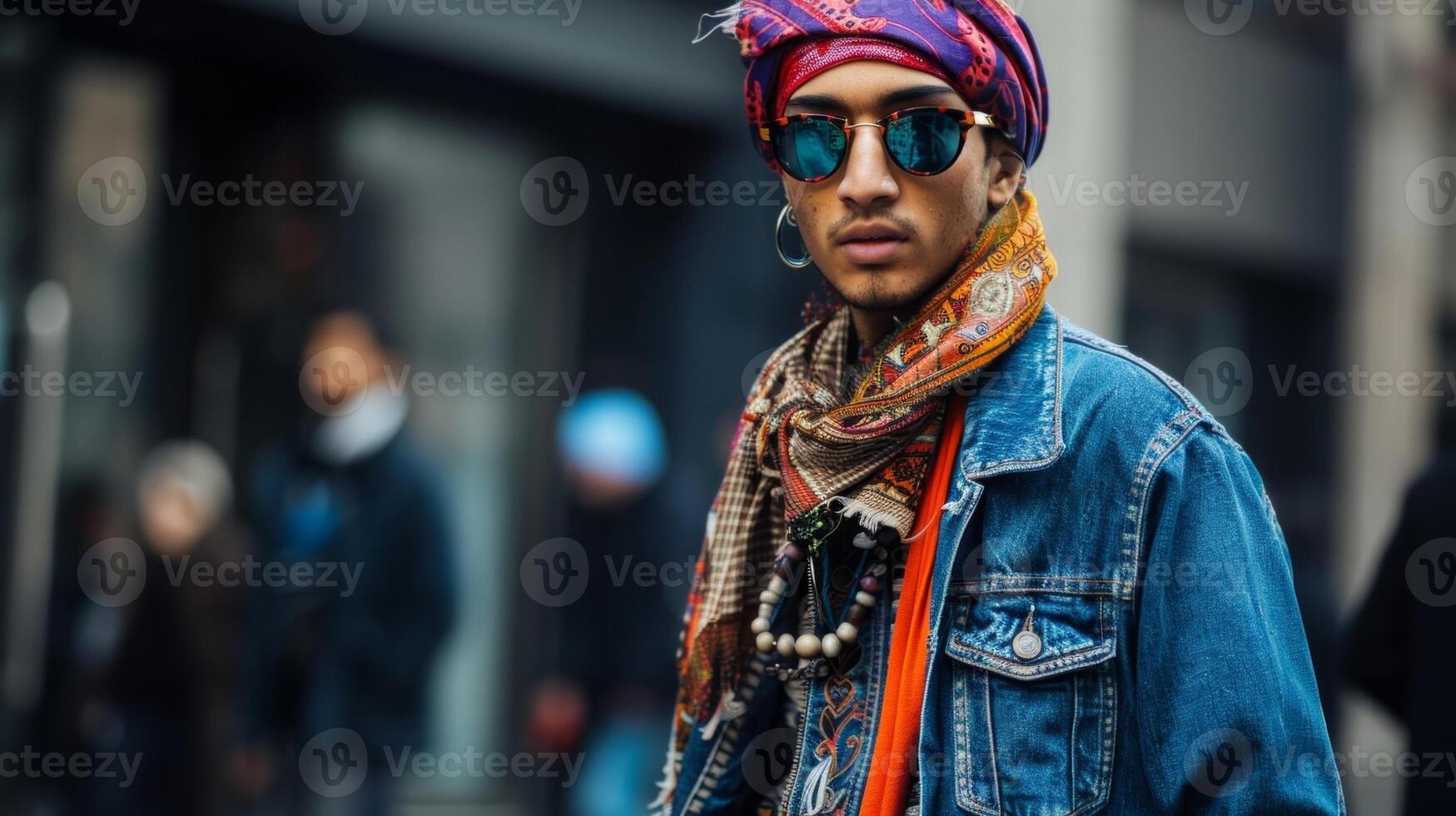 A man wearing a traditional womens headscarf paired with a denim jacket and ripped jeans seamlessly blending elements of both masculine and feminine fashion photo