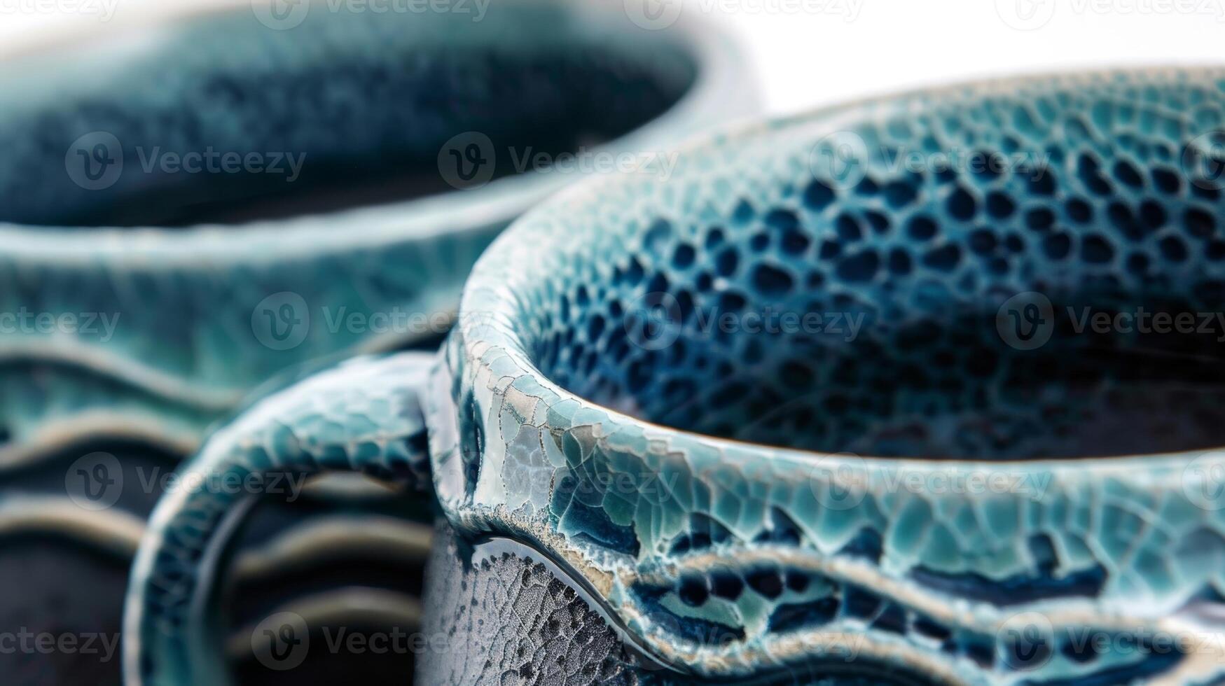 A set of mugs with a textured crackle glaze effect in shades of teal and navy blue resembling the texture of ocean waves. photo