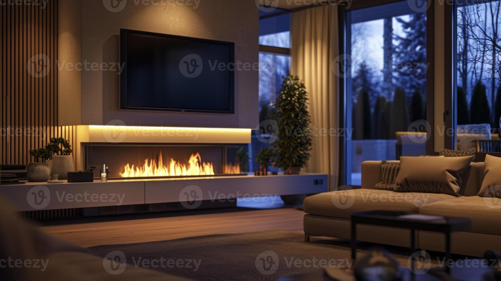 An image of an empty living room with the lights turned off except for a soft glow coming from the fireplace all controlled by the home automation system to create an invitin photo