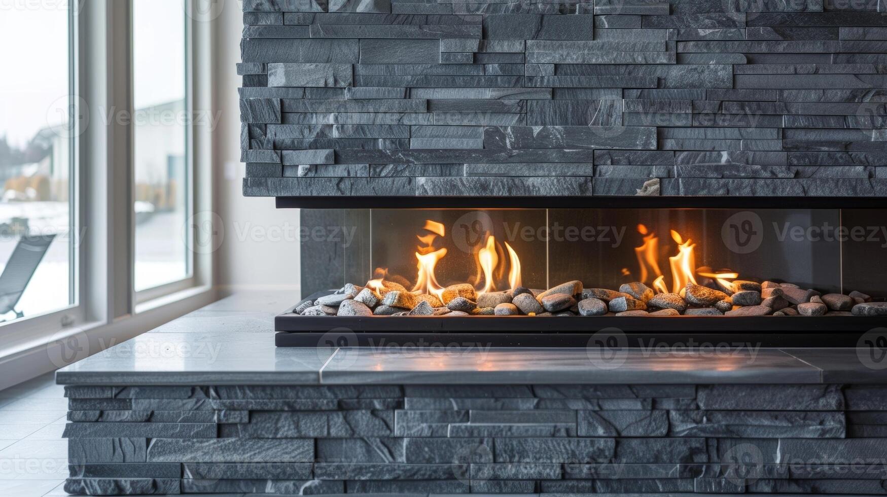 A unique feature of the modern fireplace is its floating hearth made of stacked stone perfectly complementing the clean lines of the surrounding walls. 2d flat cartoon photo