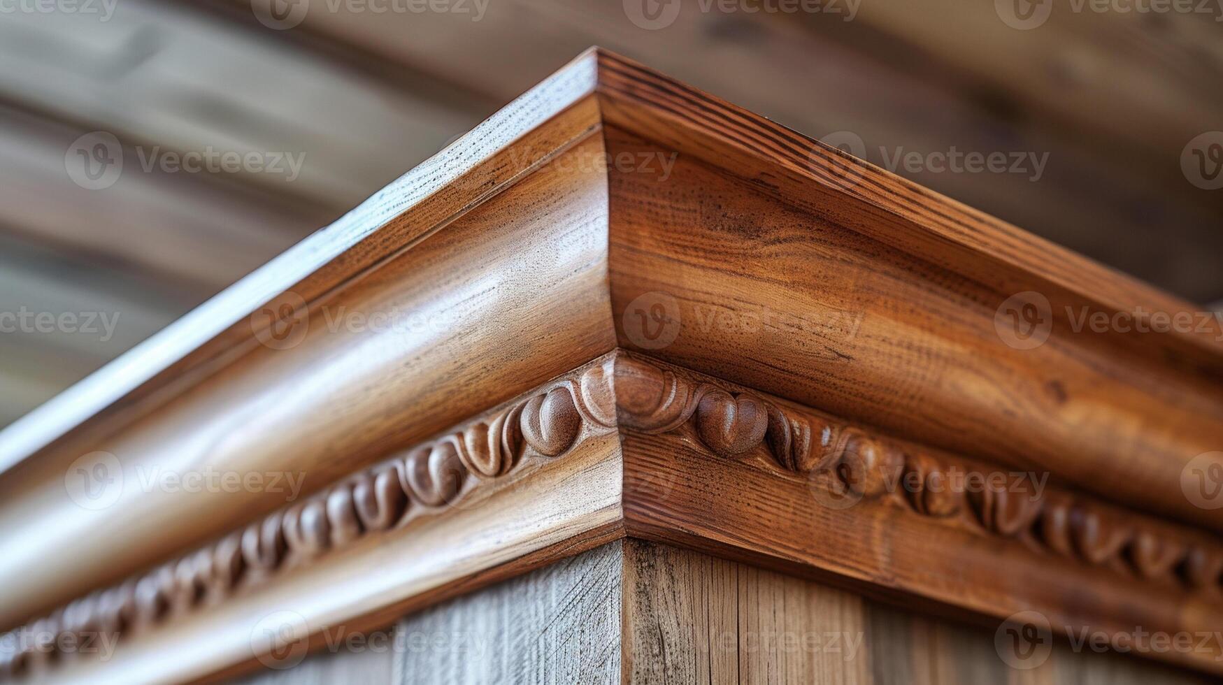 A closeup of a finished corner where two pieces of crown molding meet the joint so seamless that it appears as though it were carved from a single piece of wood photo