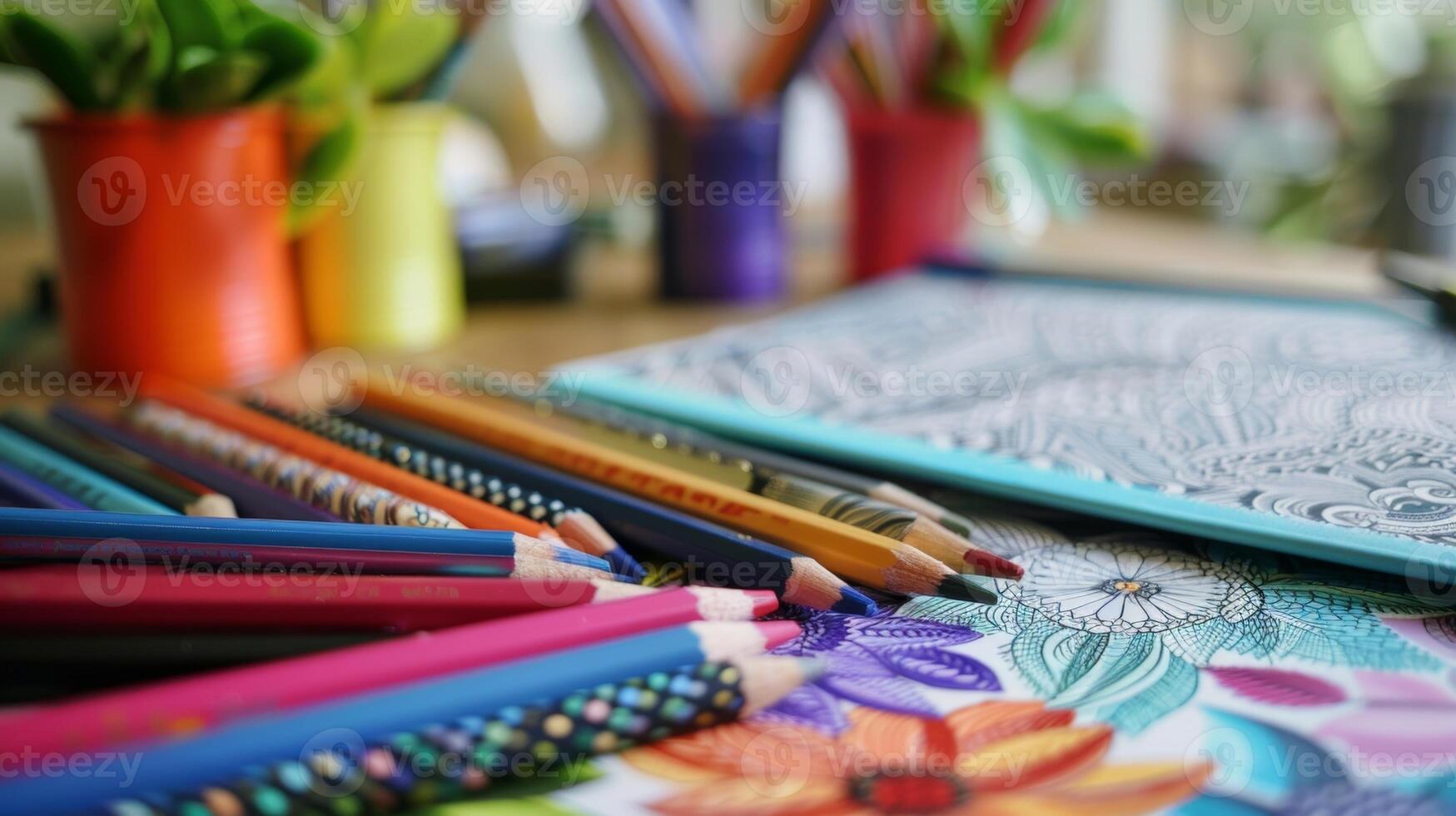 un mesa conjunto arriba con todas el necesario herramientas para un consciente de colorante sesión colorante libros lapices marcadores y más foto