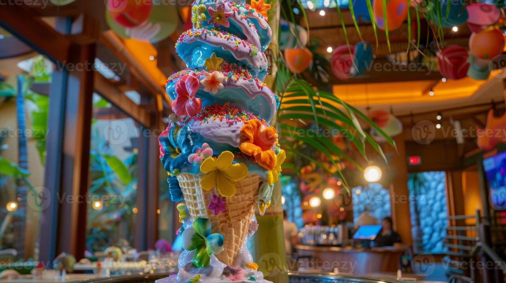 el noche termina en un dulce Nota con un imponente hielo crema cono escultura decorado con tropical asperja y rociado con un variedad de sabroso tropical jarabes foto