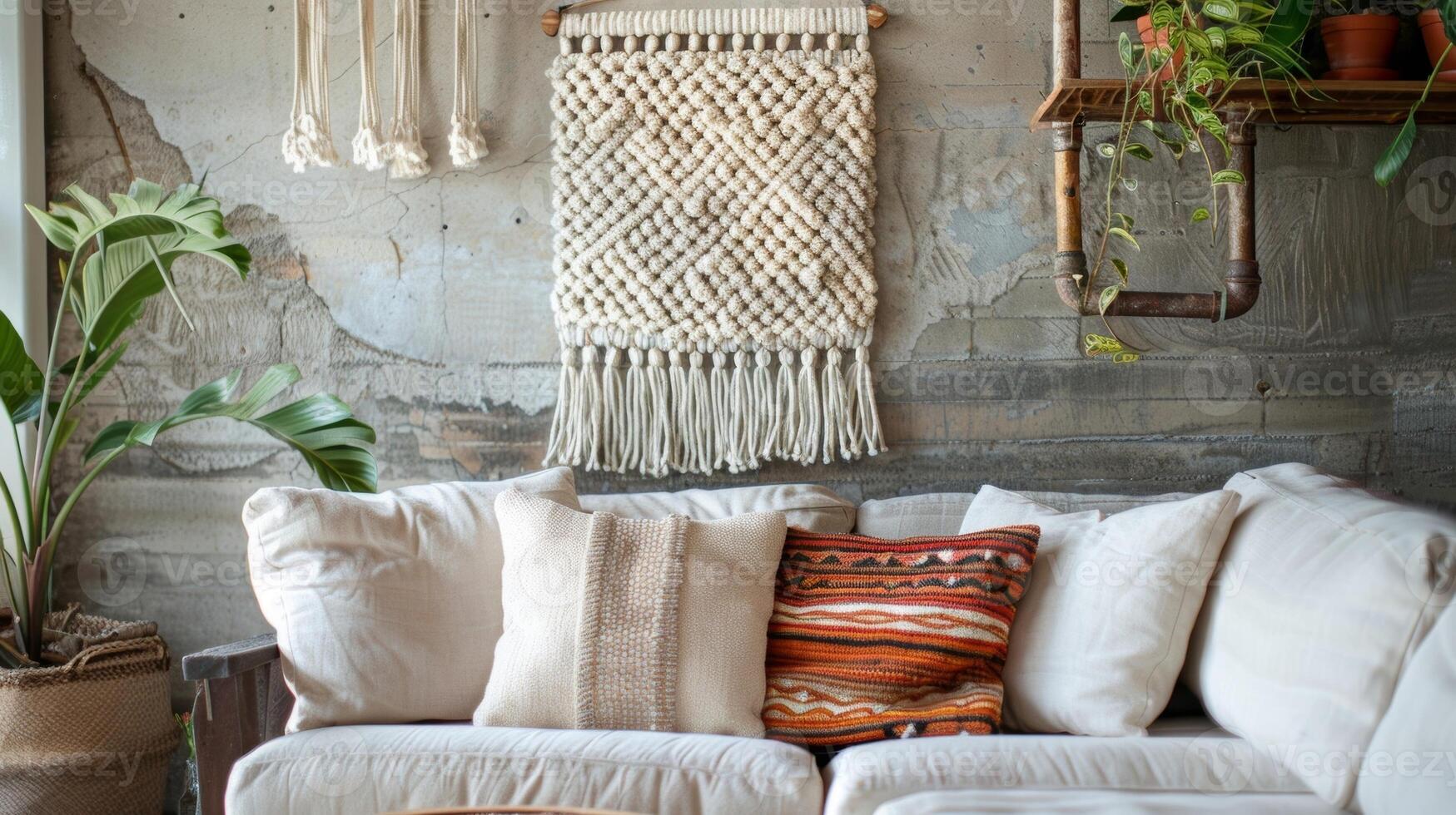 A woven wall hanging featuring a traditional Scandinavian design adds texture and interest to the room. 2d flat cartoon photo