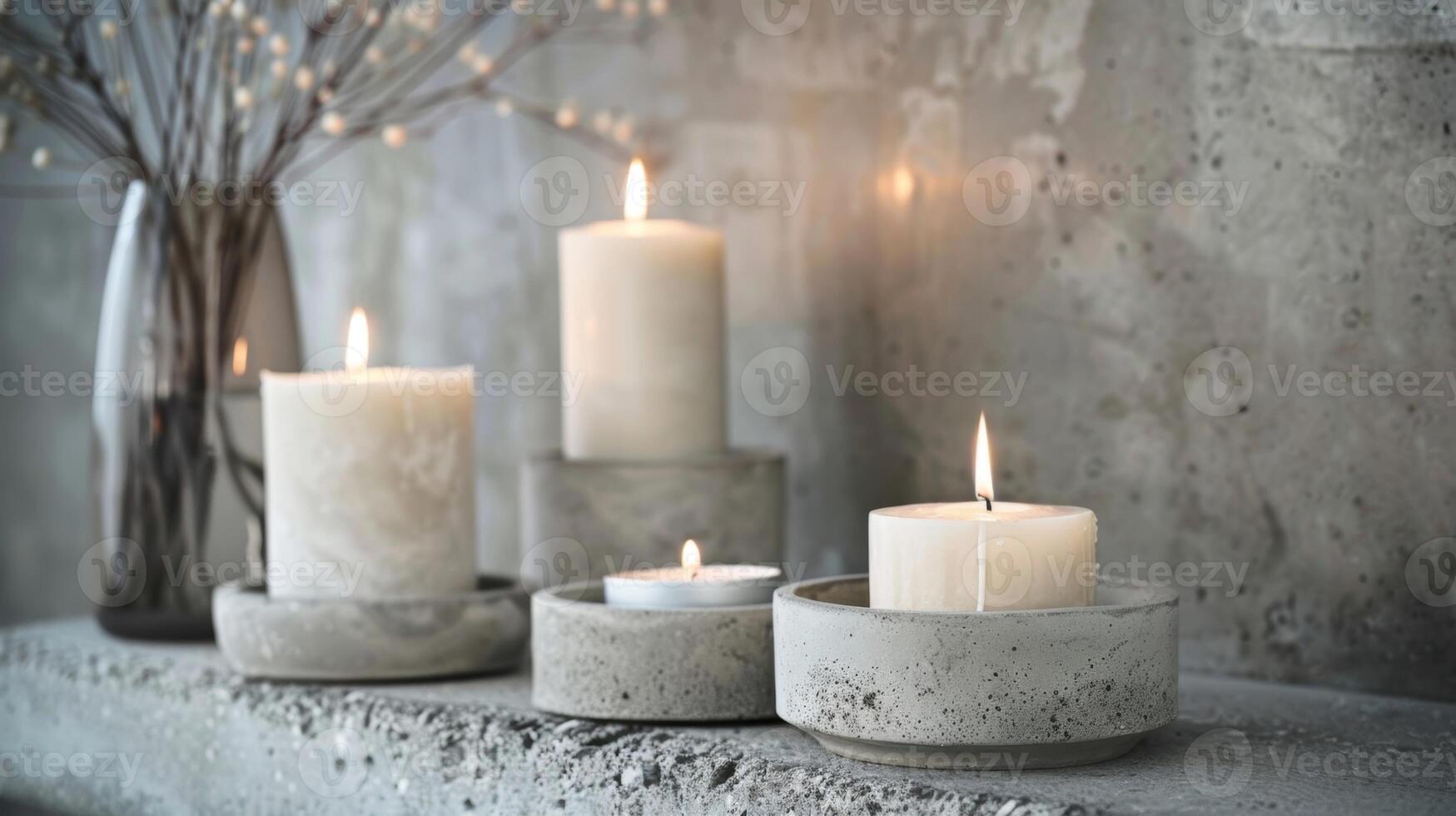 The raw and rugged surface of the concrete holders adds an element of natural charm to the space as the candles bring a touch of elegance. 2d flat cartoon photo