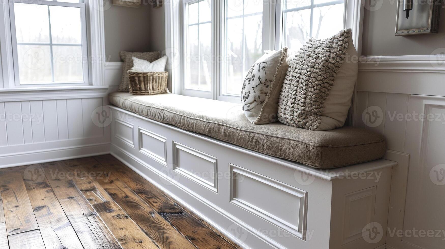 A series of photos detailing the process of constructing a custom window seat from measuring and ting to adding decorative trim and cushioning