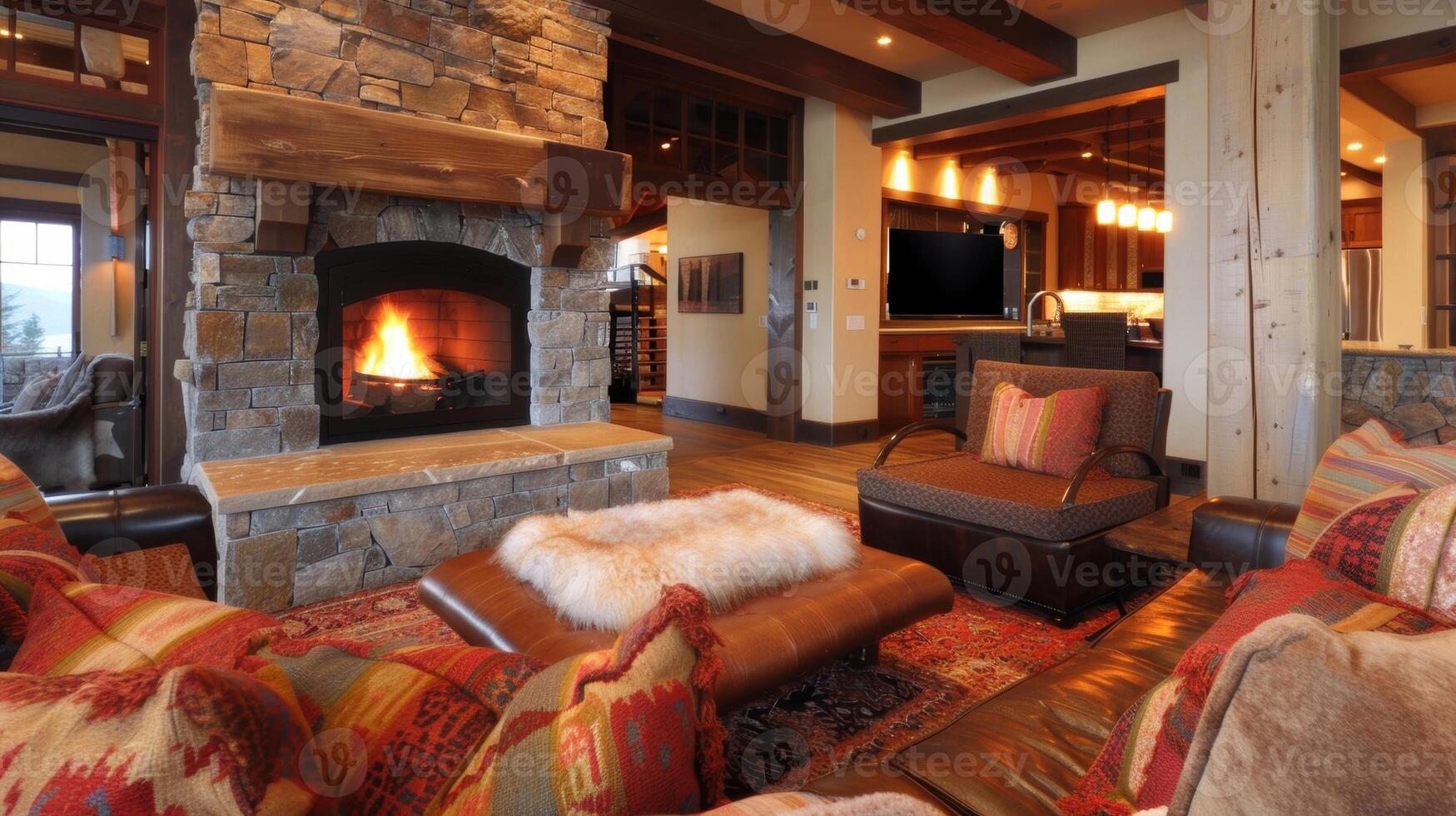 A warm and inviting family room centers around a contemporary fireplace with a rustic wooden fire screen and comfy plush seating. 2d flat cartoon photo