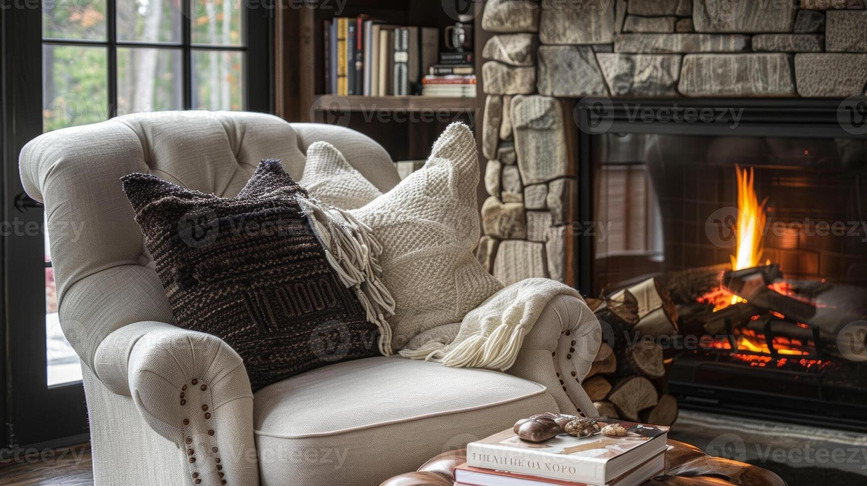 A cozy reading nook is nestled next to the fireplace with a plush armchair and a stack of books offering the perfect spot to unwind and relax. 2d flat cartoon photo