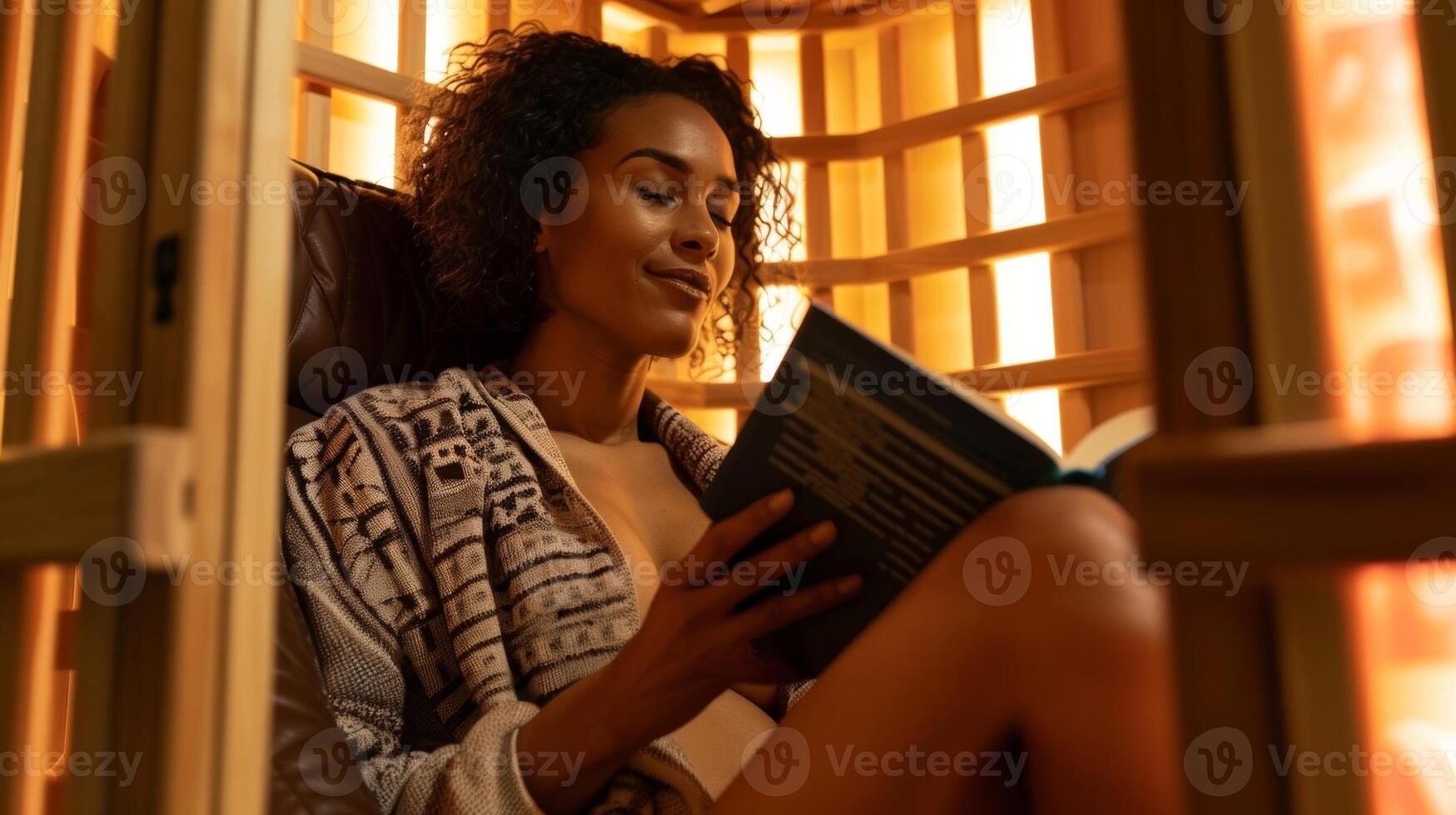 un mujer leyendo un libro mientras sentado en un infrarrojo sauna hallazgo un sentido de paz y facilitar como el sauna ayuda a aliviar su migraña síntomas. foto