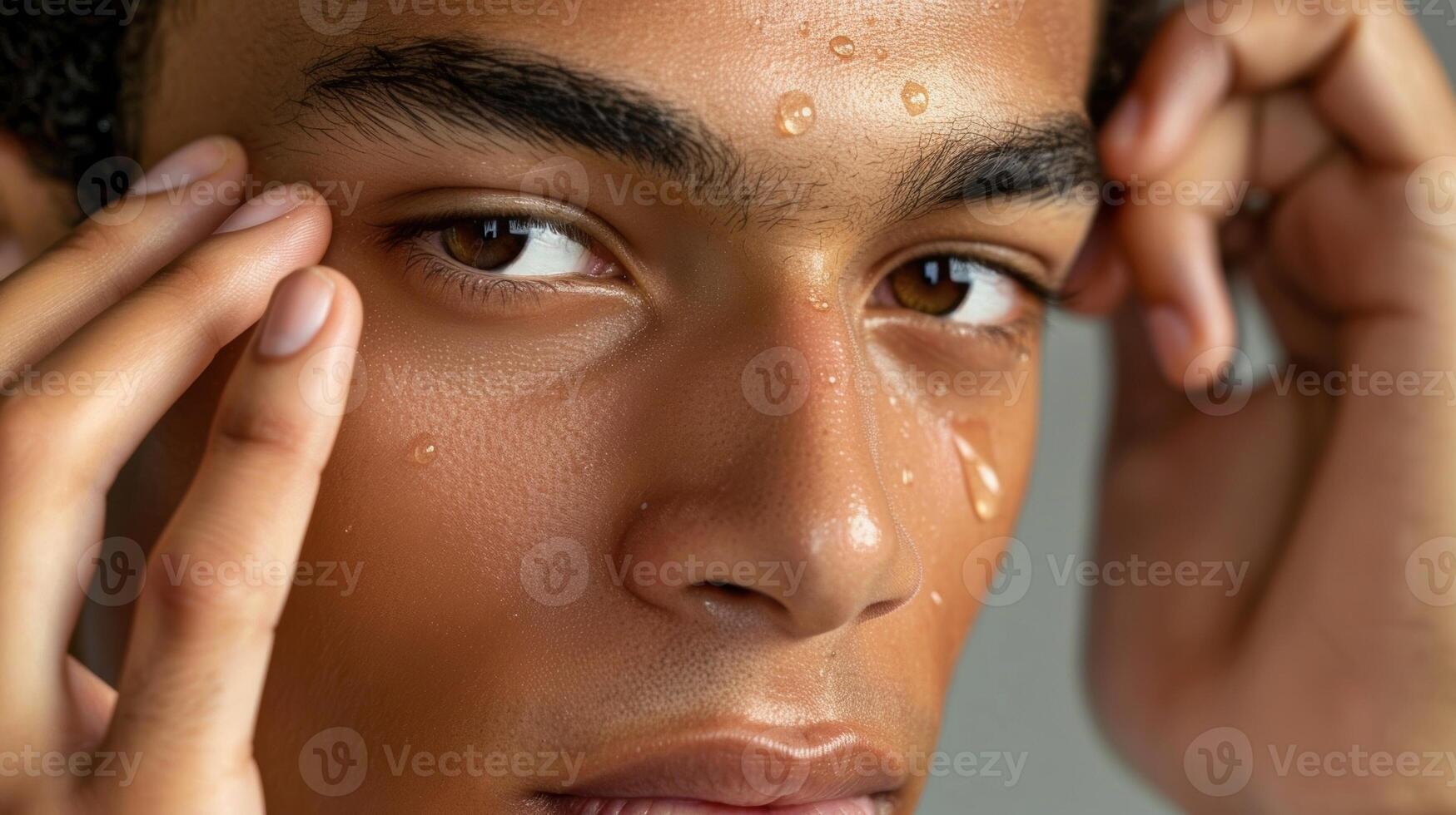 With a few drops of serum on his fingertips he gently presses it onto his skin targeting any problem areas photo