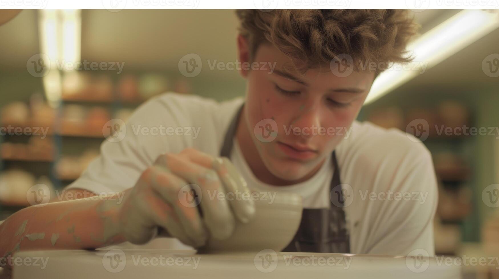 One student uses a pottery wheel for the first time his face a mix of excitement and nervousness as he attempts to center the clay and create a symmetrical bowl. photo