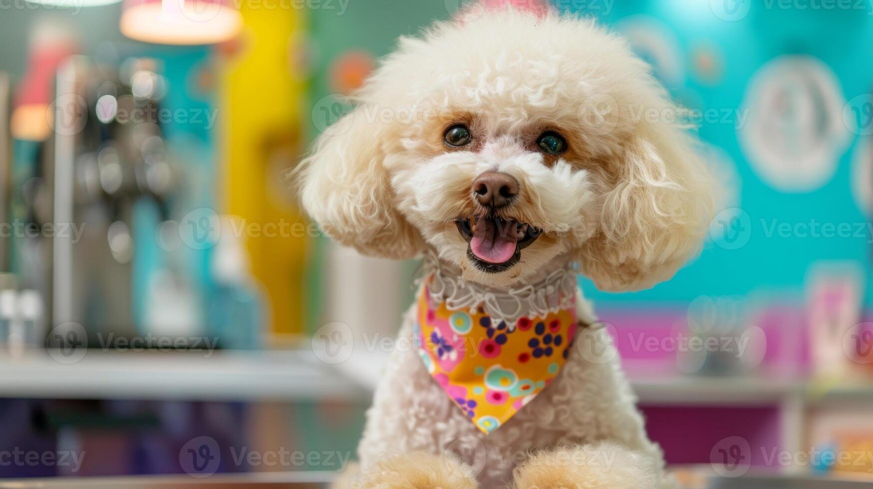 A poodle sporting a colorful bandana being treated to a deep conditioning treatment with lavender oil photo