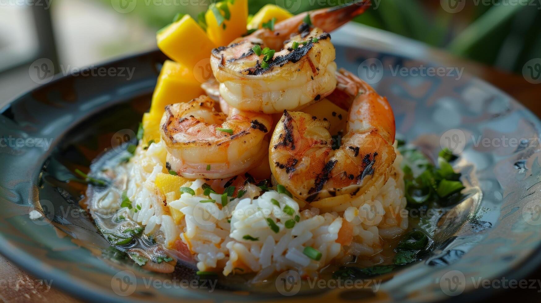 A plate of coconut rice topped with grilled pineapple mango and shrimp resembling a tropical sunset photo