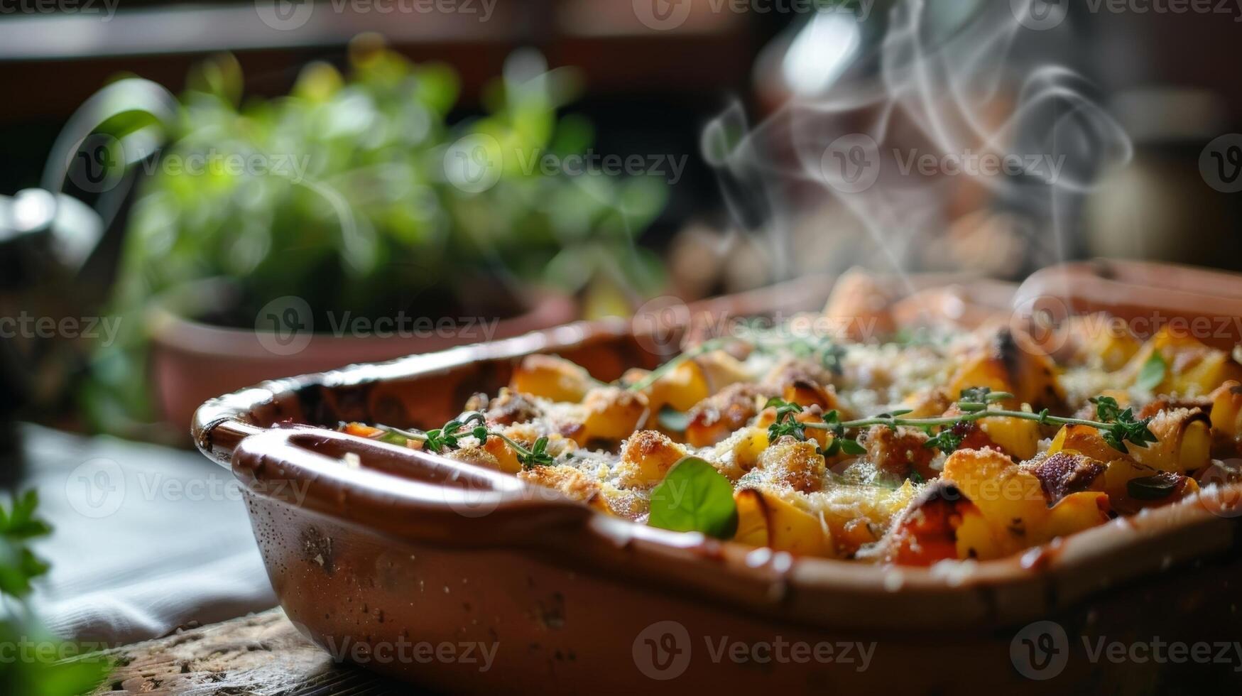 A freshly baked savory casserole with steam still rising from its browned surface displayed in a rustic clay baking dish. photo