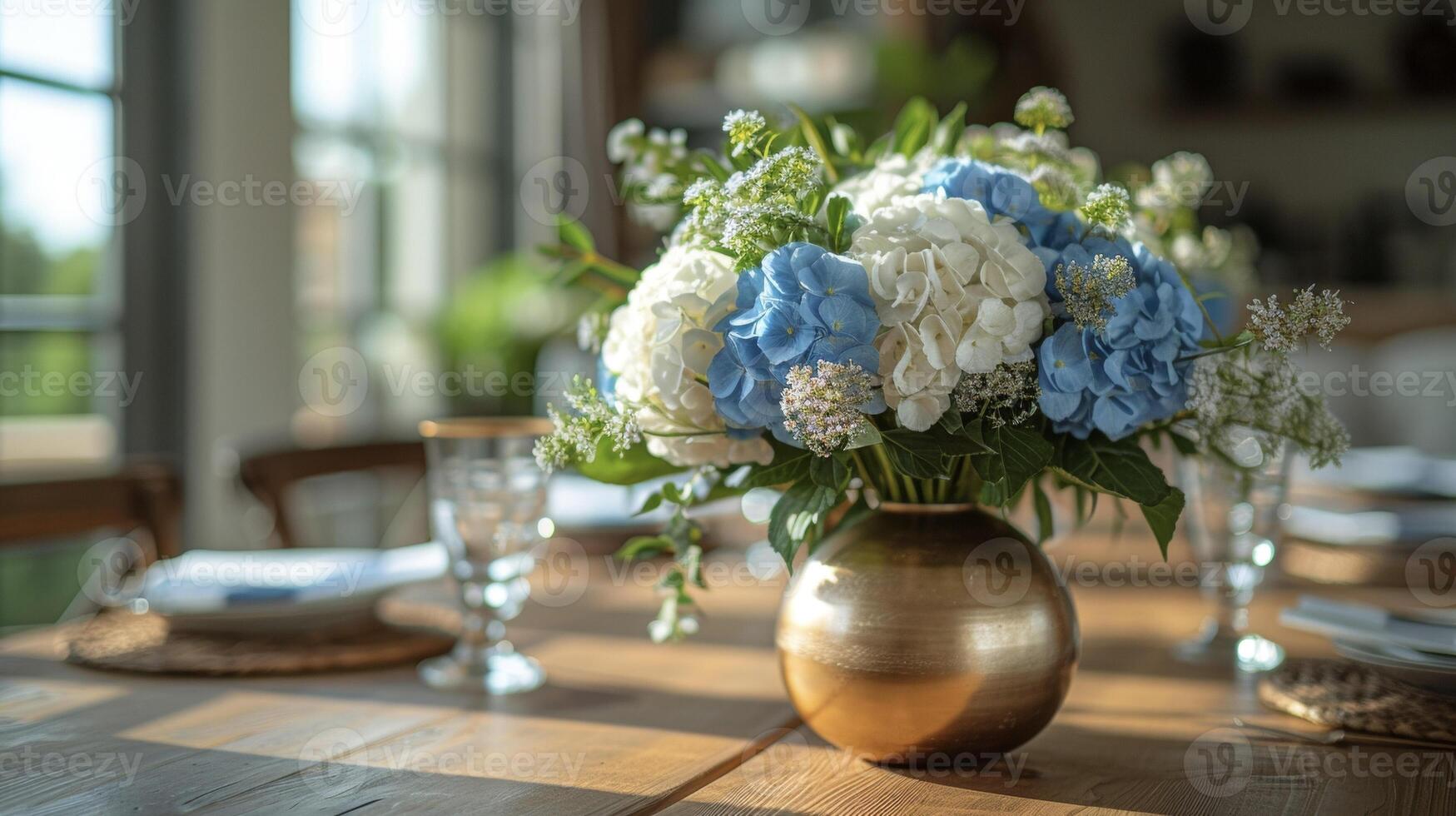 A creative DIY project with mason jars painted in metallic silver and gold finishes being used as unique vases to add a touch of glamour to a simple dining room table photo