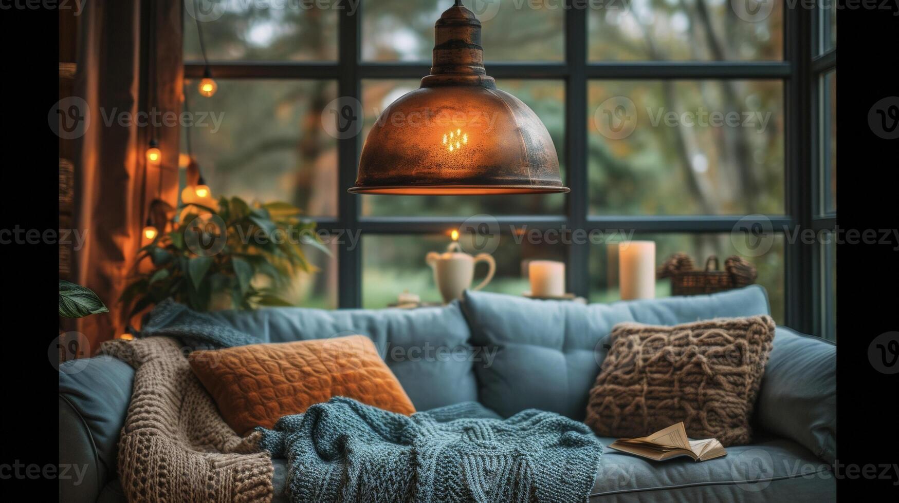 A vintageinspired pendant light with a distressed copper finish hangs in a cozy reading nook providing a warm and intimate atmosphere for curling up with a good book photo
