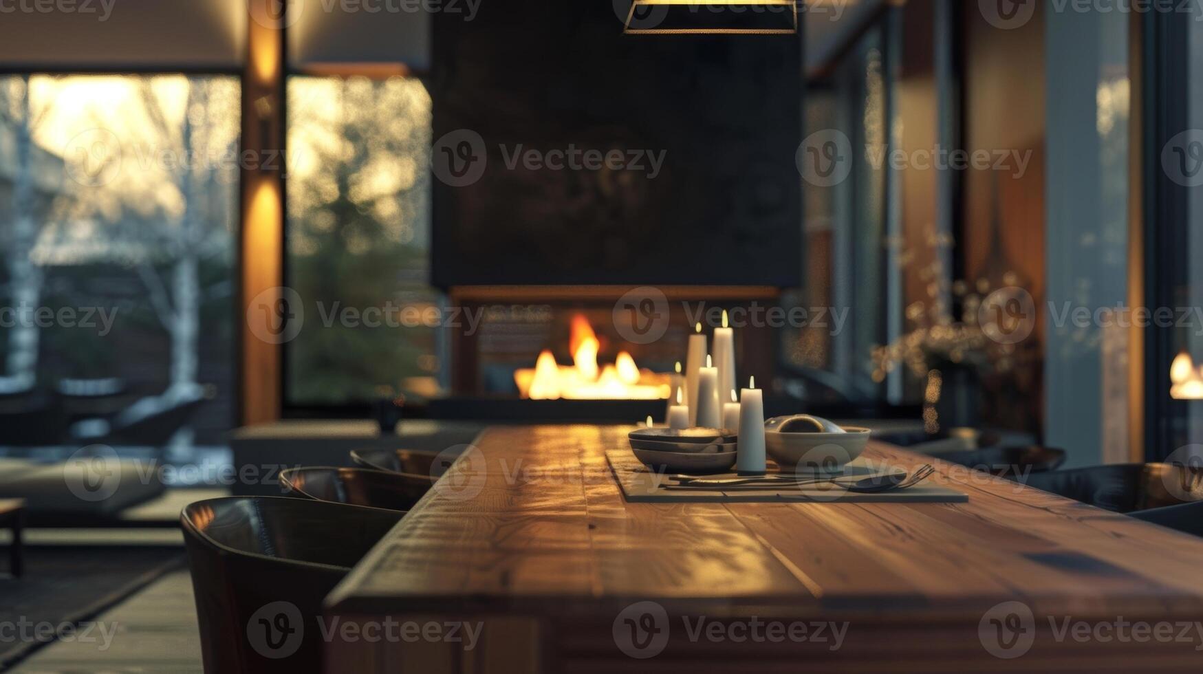 The hearth room also serves as a dining area with a sleek wooden table and chairs positioned near the fireplace for a cozy meal. 2d flat cartoon photo