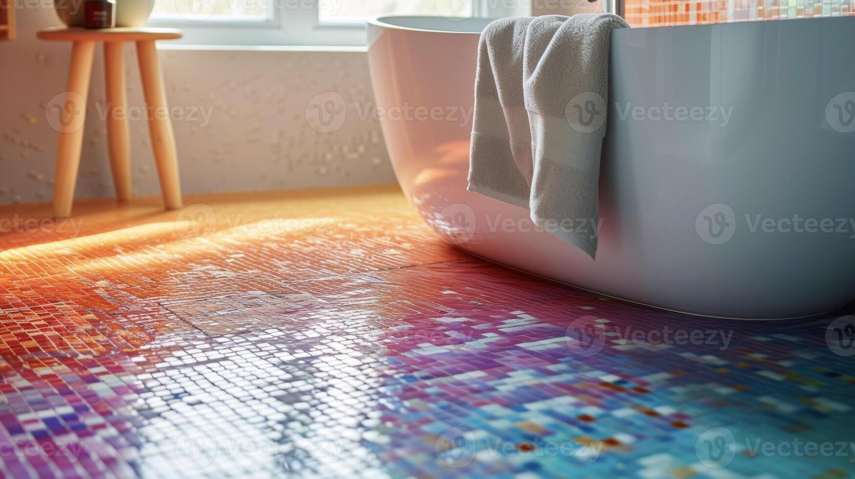 un de cerca Disparo de un hecho a mano mosaico loseta piso en un vibrante color degradado creando un visualmente maravilloso efecto en un baño foto