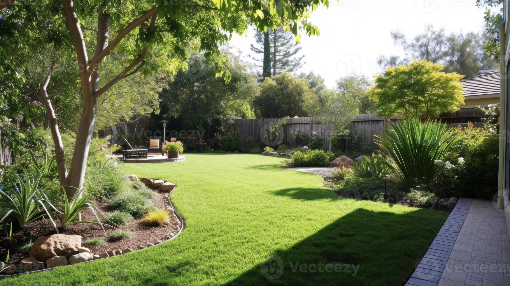 A beautifully landscaped backyard with strategically p trees providing shade and reducing energy costs by blocking the intense summer sun photo